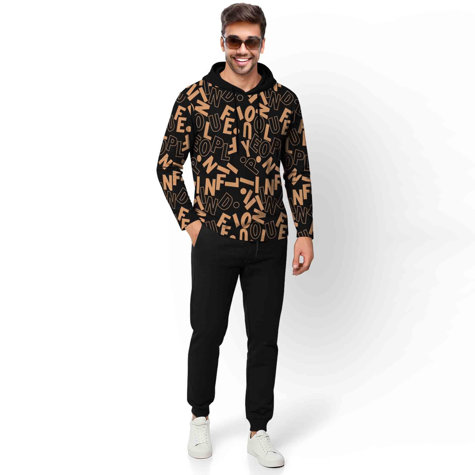 Outfit Set Full Sleeve Black Hooded Printed T-shirt Matching Black Plain Trackpant
