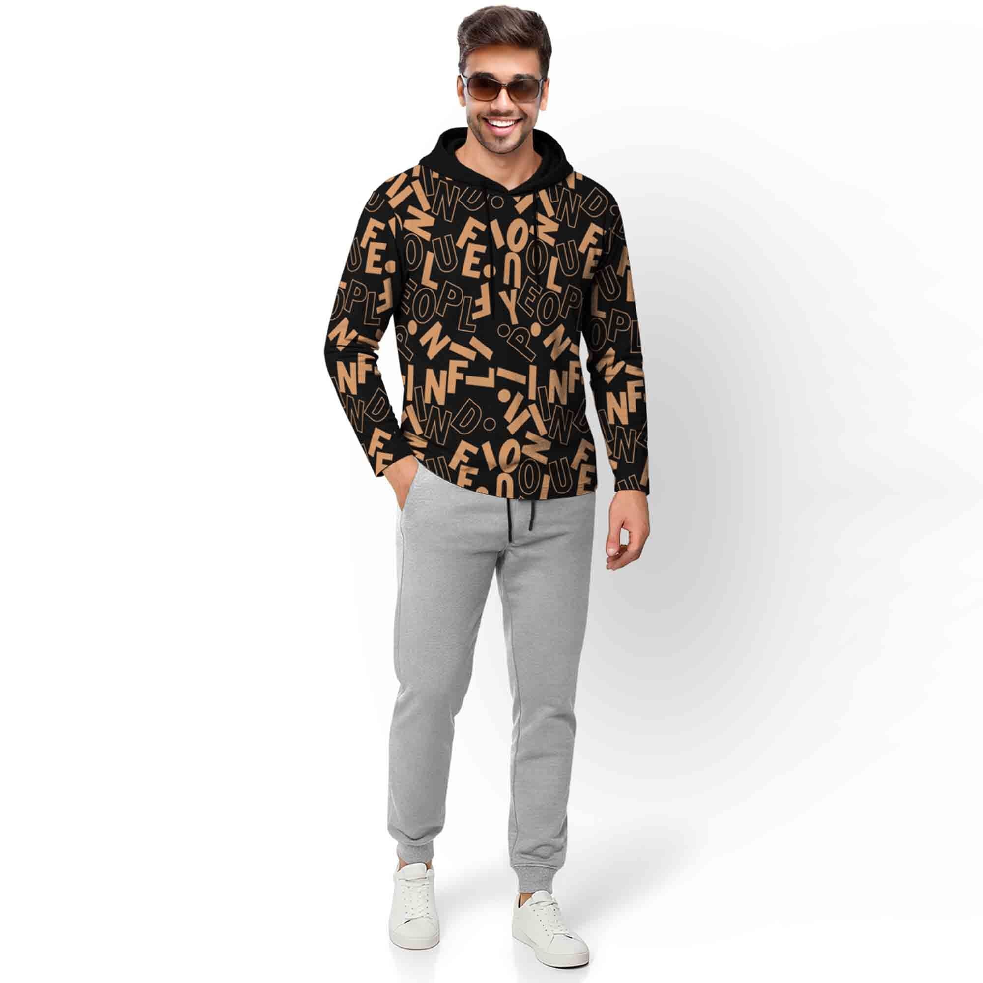 Outfit Set Full Sleeve Black Hooded Printed T-shirt Matching Grey Plain Trackpant