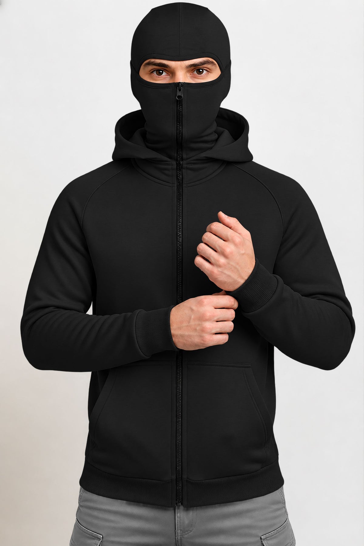 Full Sleeve Hooded Neck Mask Jacket Black