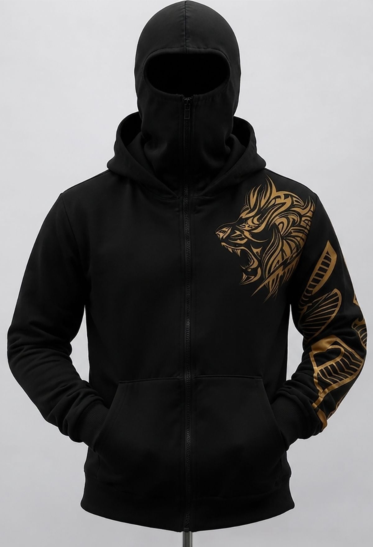 Mens Gold Lion Graphic Zip-Up Winter Balaclava Mask Jacket Black