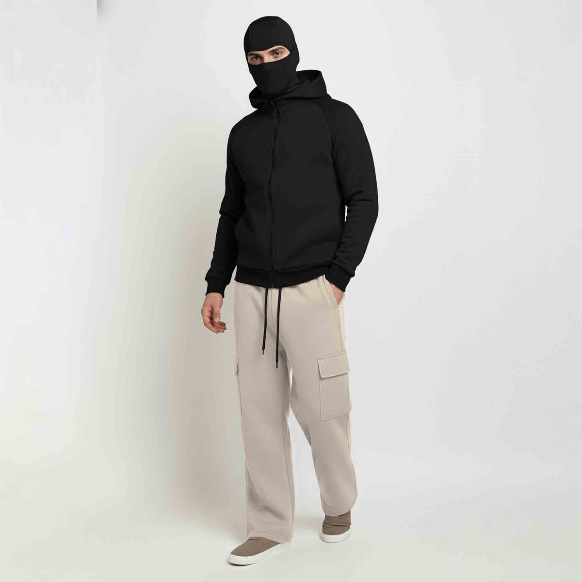Tracksuit For Winter Mask Black Jacket - Beige Plain Baggy Cargo