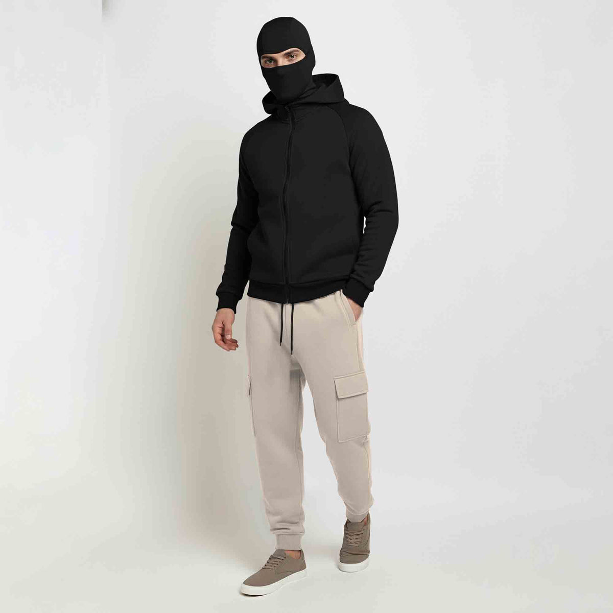 Tracksuit For Winter Mask Black Jacket - Plain Beige Cargo Pant