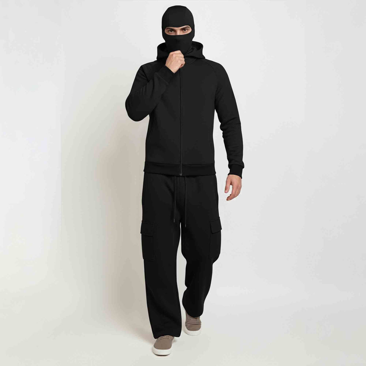Tracksuit For Winter Mask Black Jacket - Black Plain Baggy Cargo