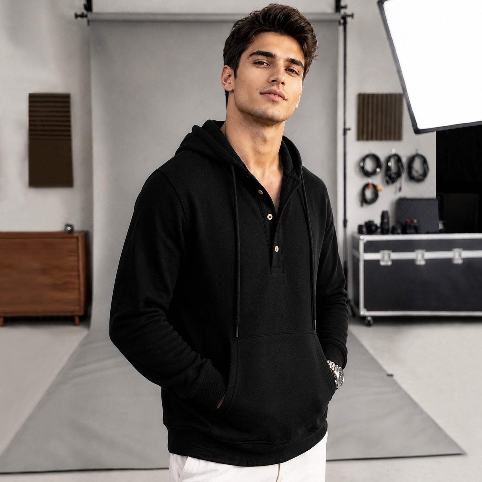 Men Solid Color Winter Black Hooded Sweatshirt