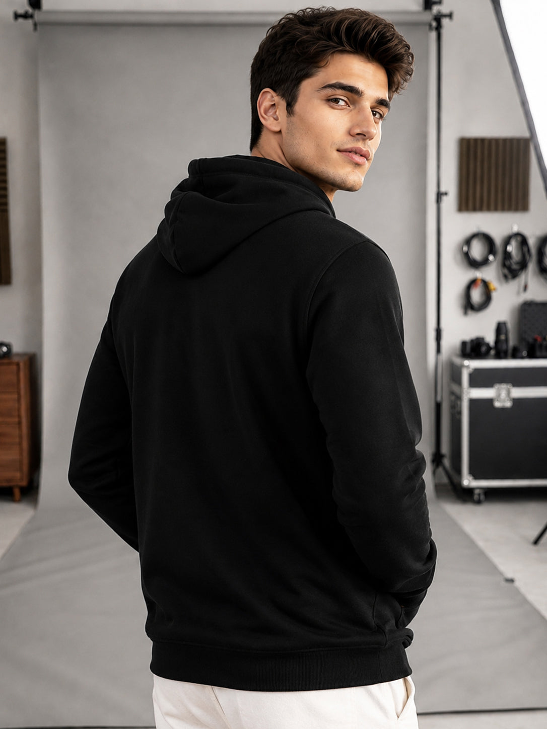 Men Solid Color Winter Black Hooded Sweatshirt