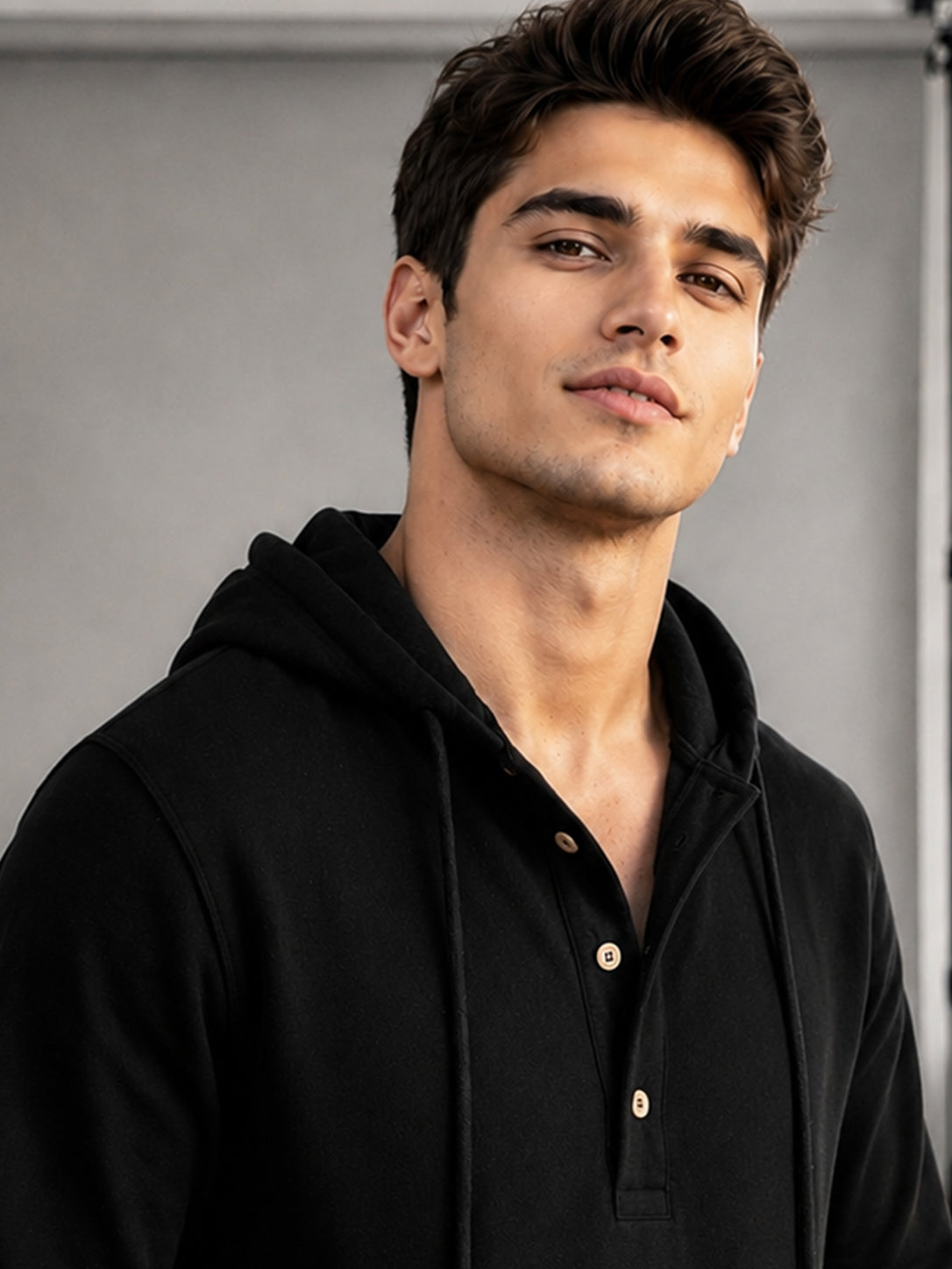 Men Solid Color Winter Black Hooded Sweatshirt