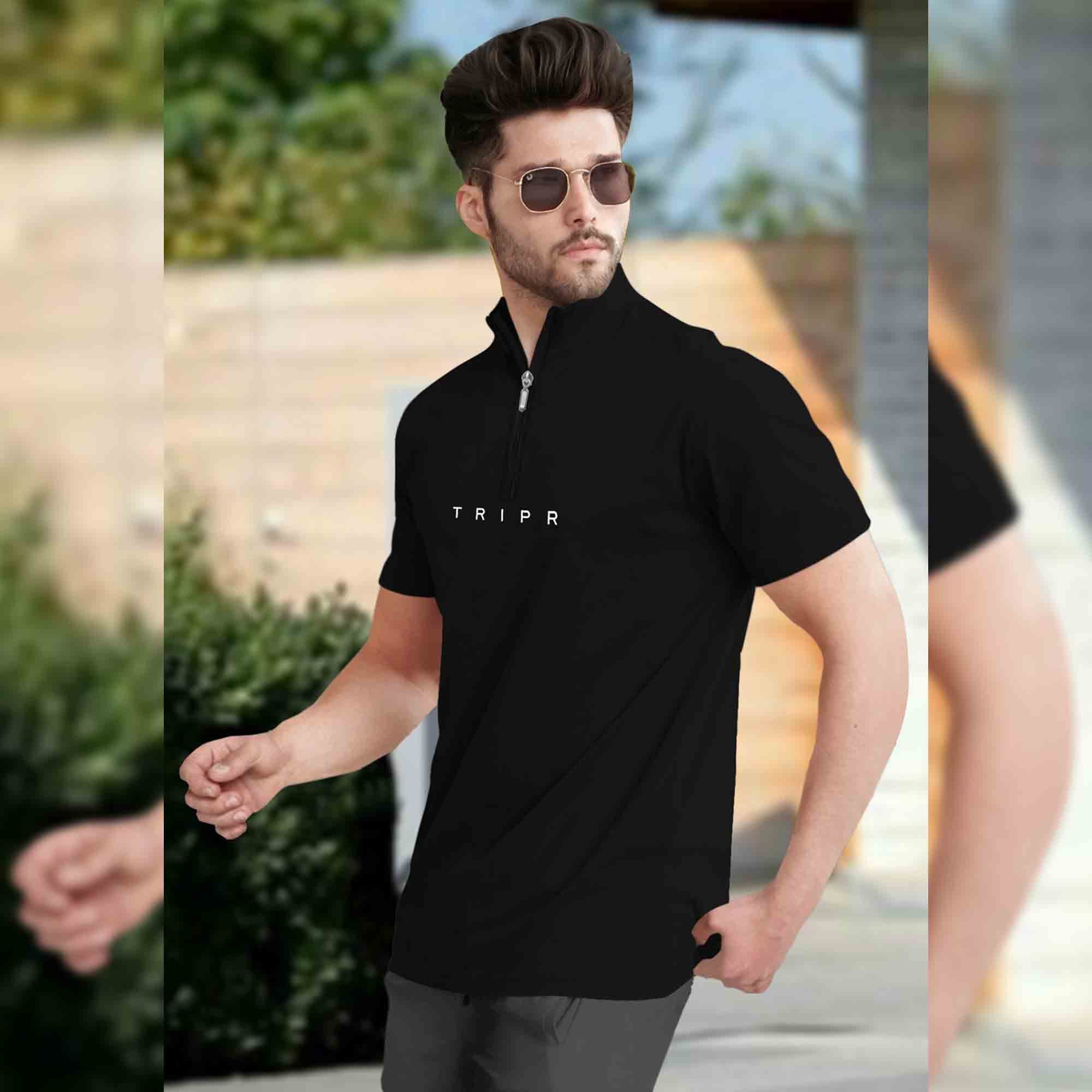 Men High Neck Black Zip Up Half Sleeve T-shirt