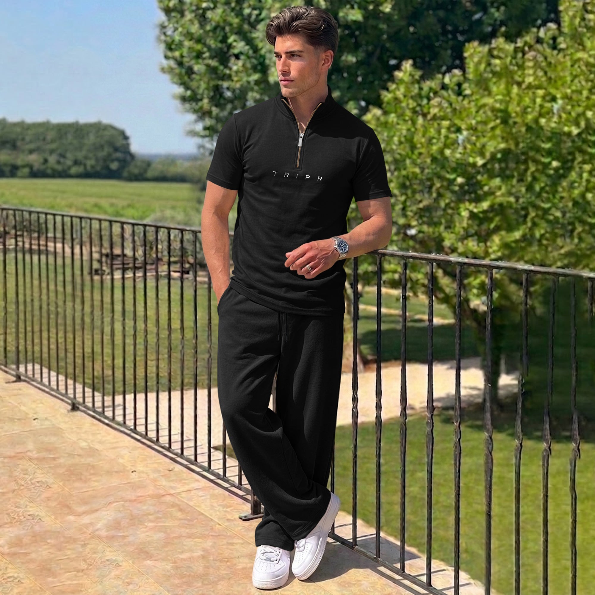 Men Tracksuit High Neck Tshirts Loose Fit Plain Trackpants