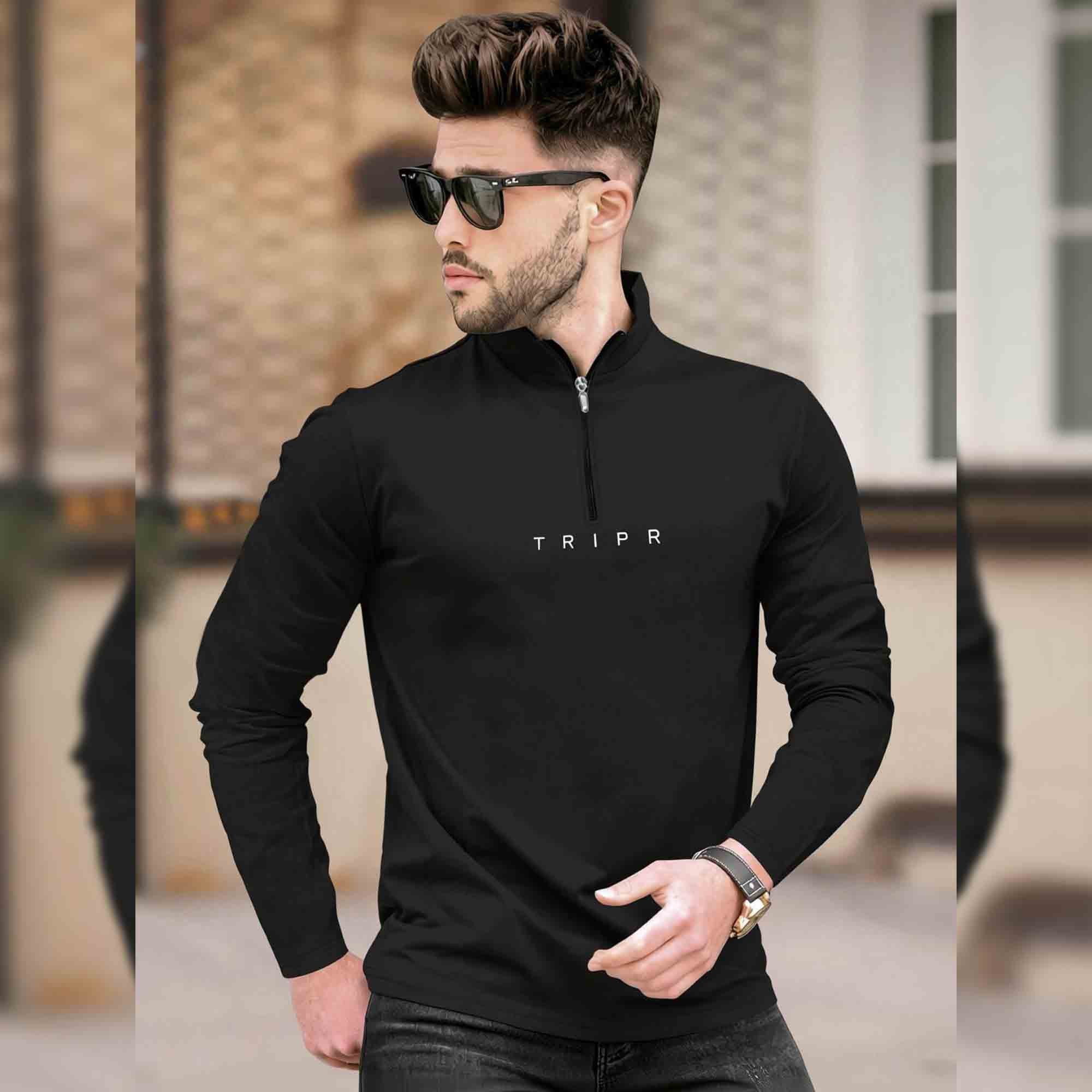 Men Solid Black Full Sleeve Zip High Neck T-Shirt
