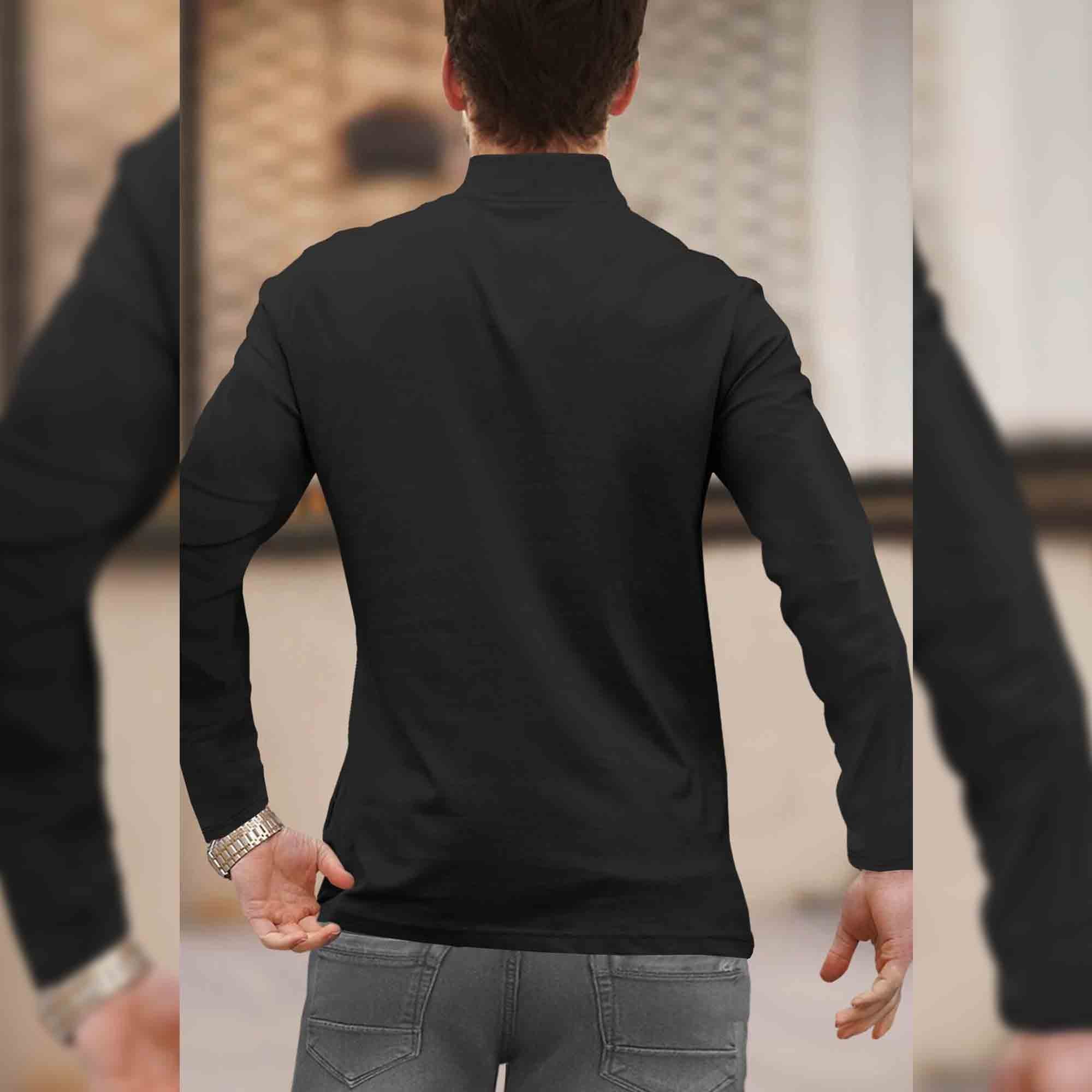 Men Solid Black Full Sleeve Zip High Neck T-Shirt