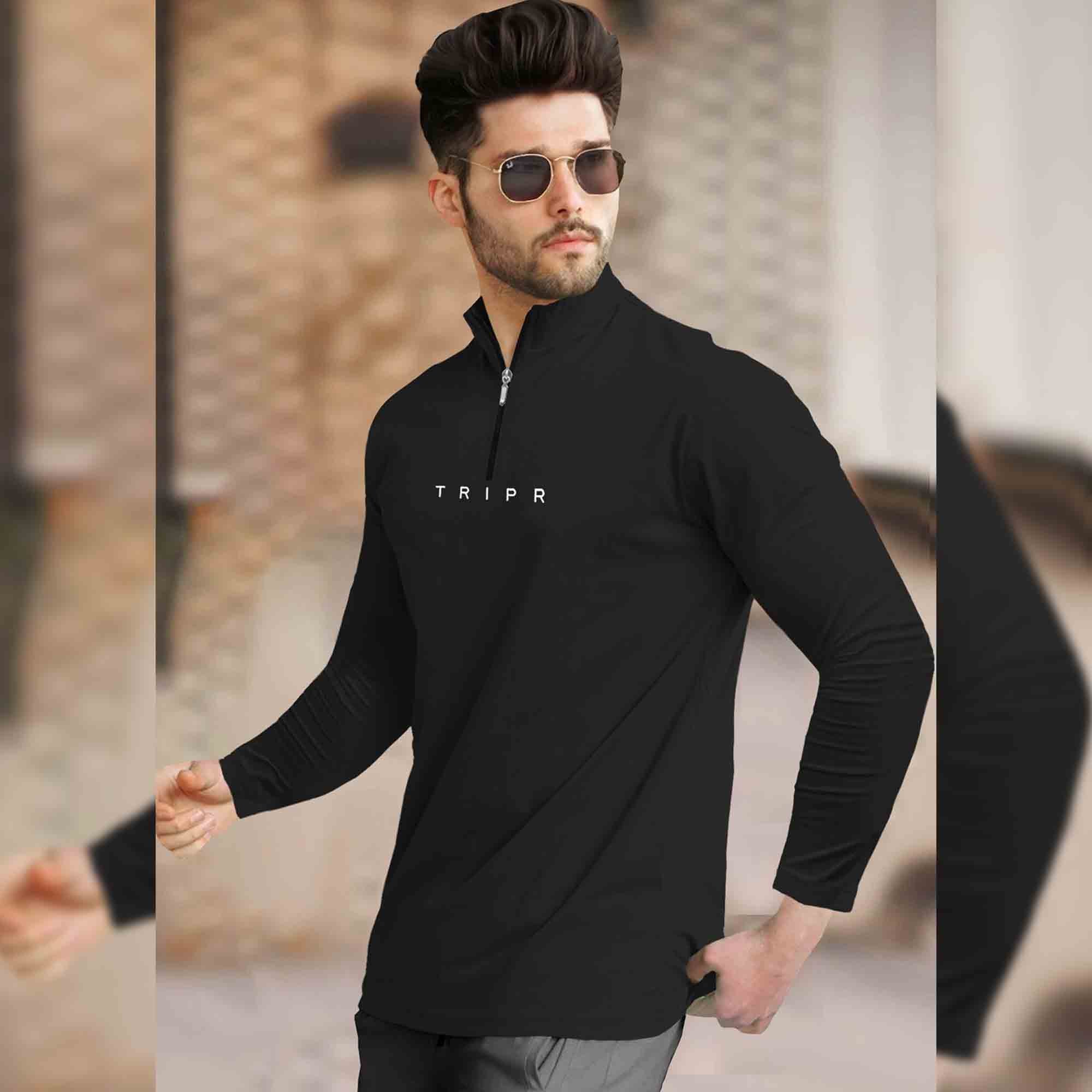 Men Solid Black Full Sleeve Zip High Neck T-Shirt