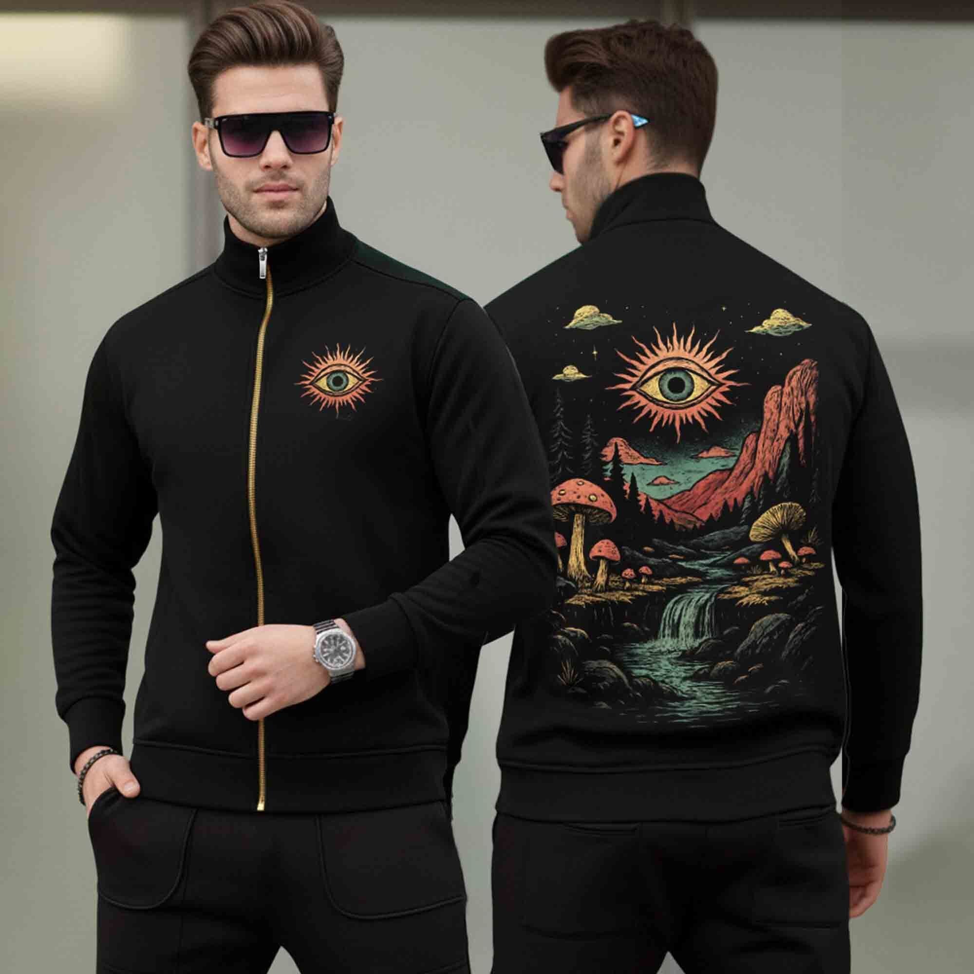 Men Back Printed High Neck Winter Jacket Black