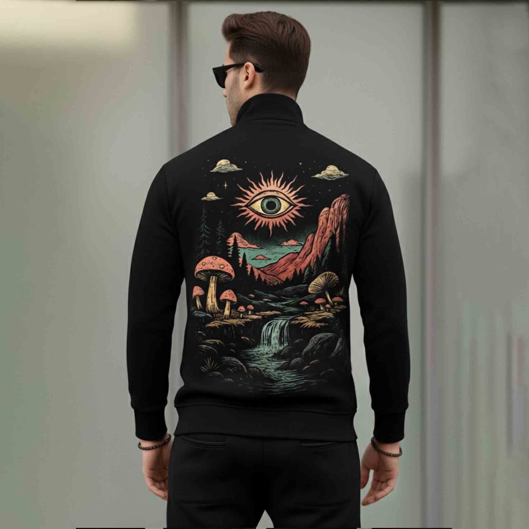 Men Back Printed High Neck Winter Jacket Black