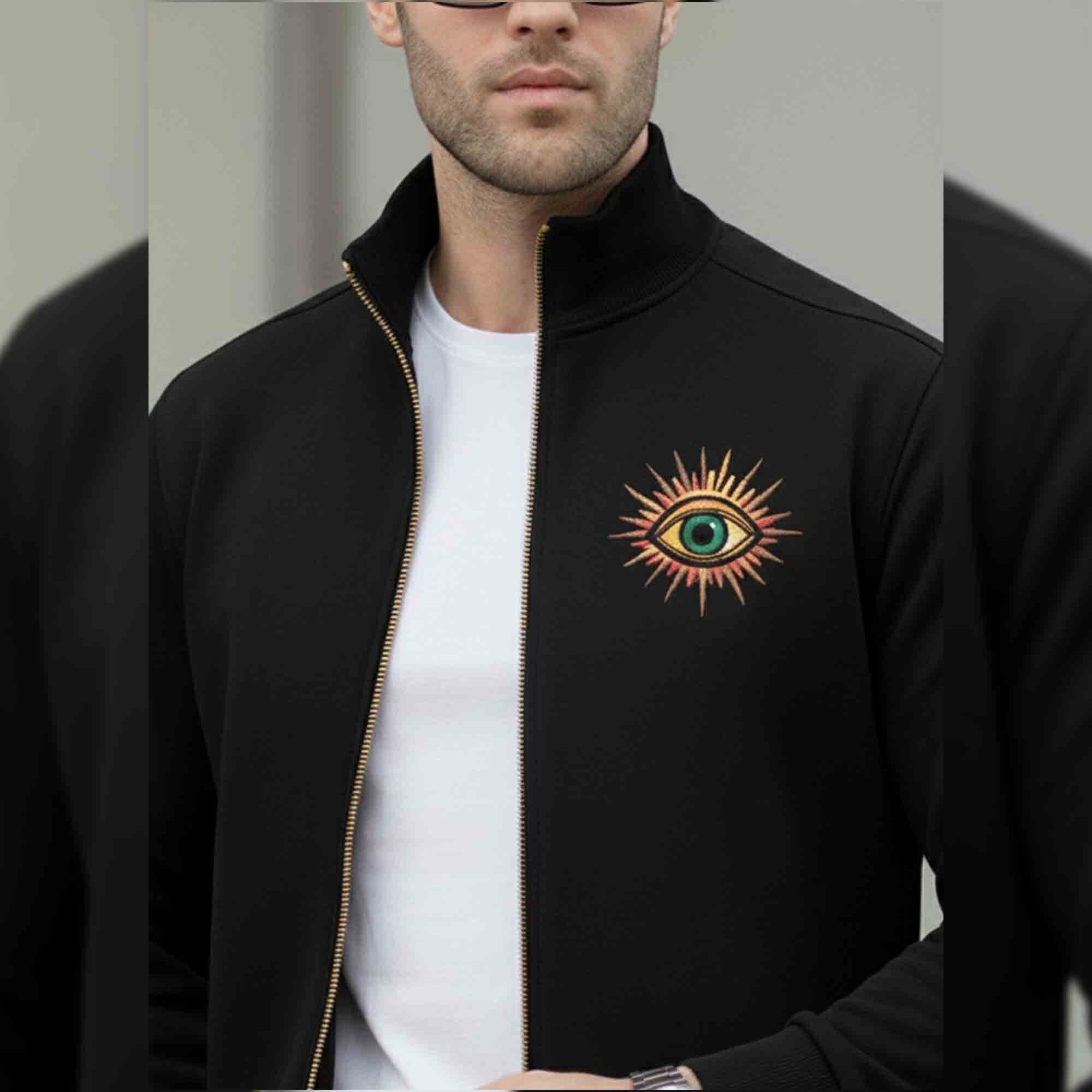 Men Back Printed High Neck Winter Jacket Black