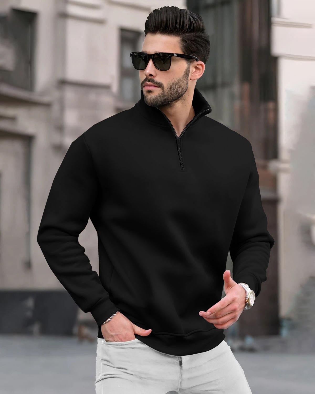Men Plain Zipper High Neck Casual Sweatshirts Colors