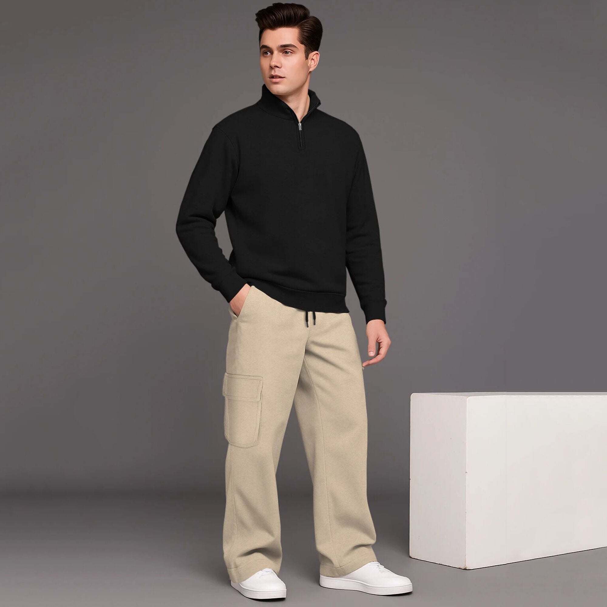 High Neck Sweatshirt & Baggy Cargo Plain Winter Outfits
