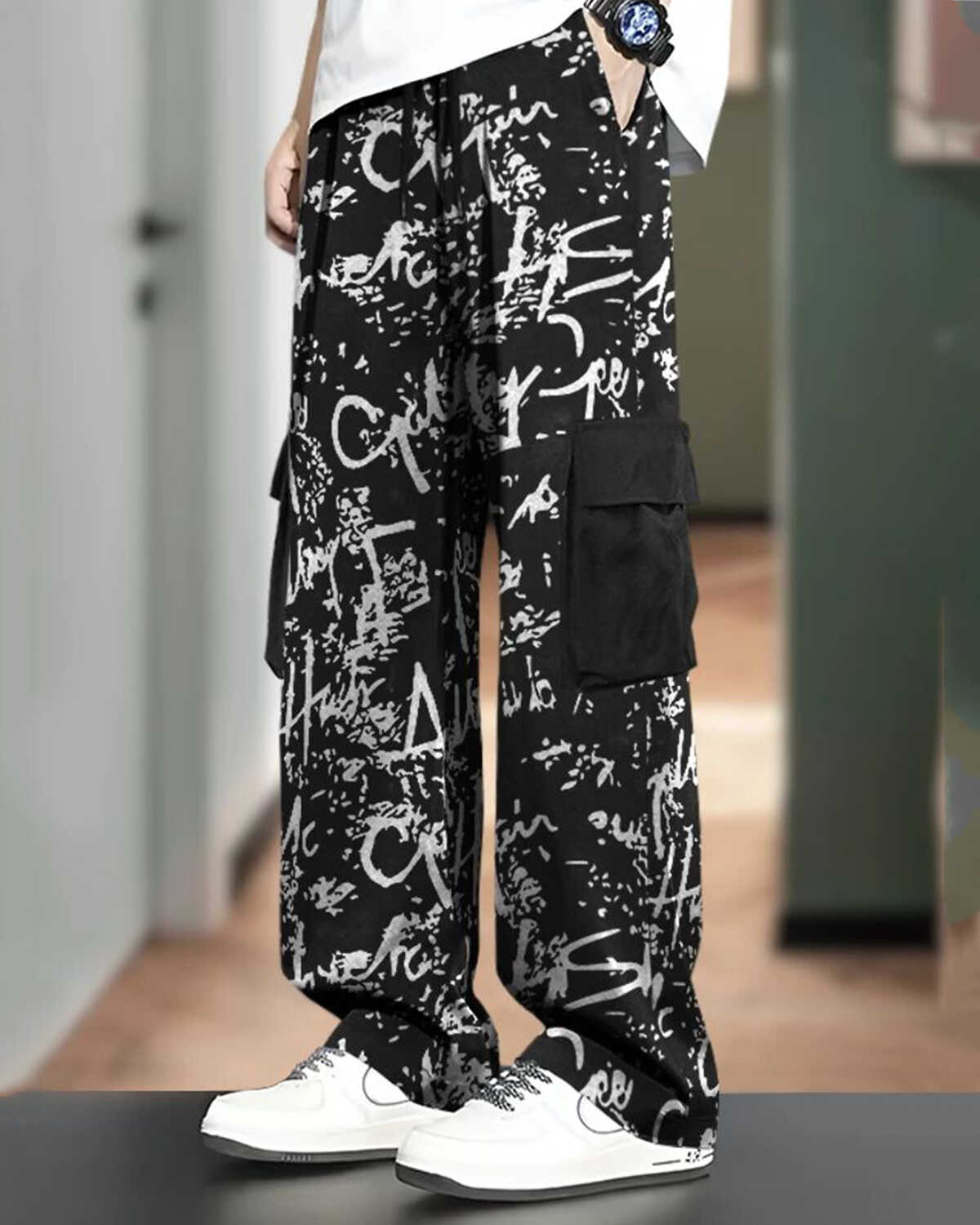 Men All Over Printed Multi Pockets Black Cargo Jogger