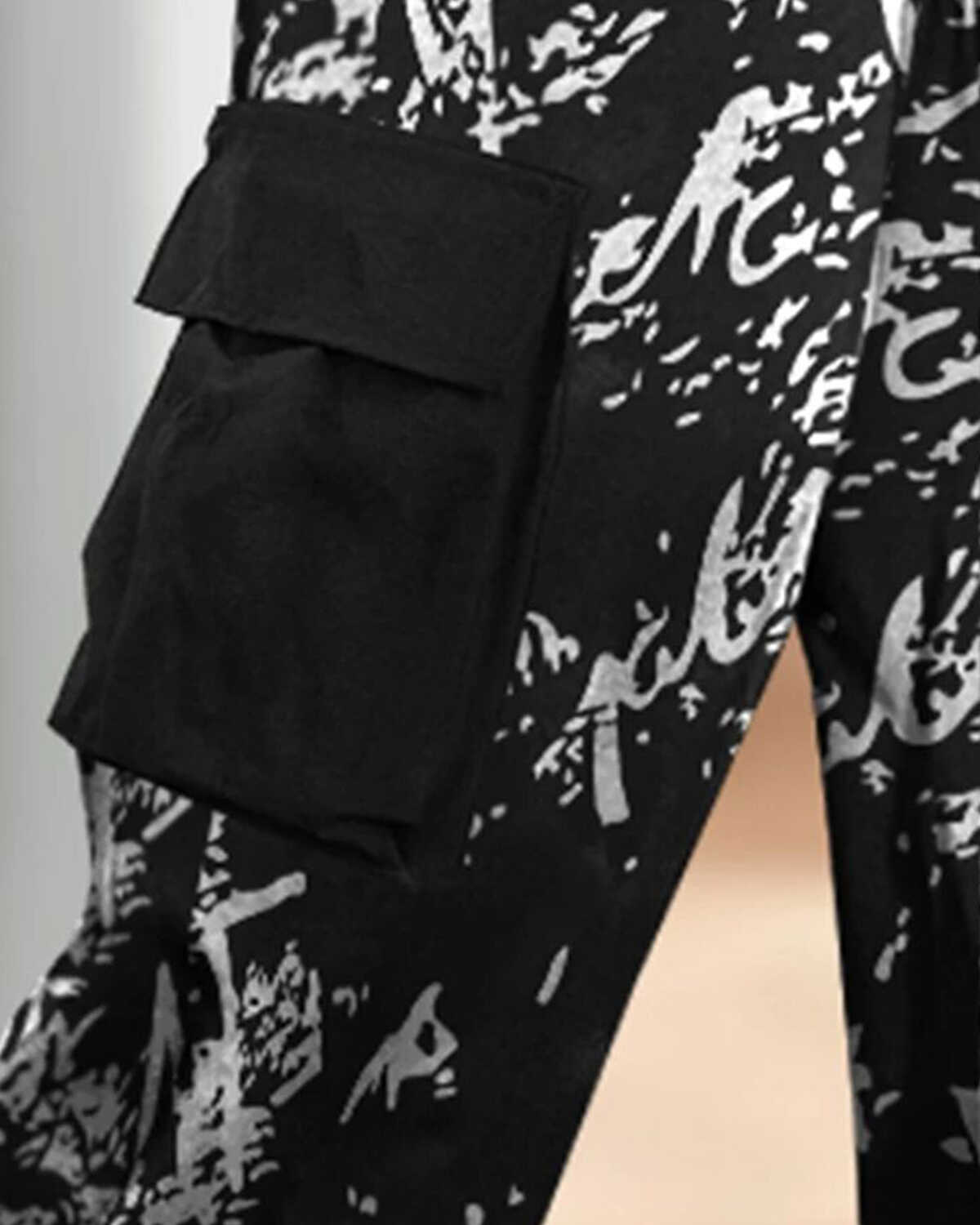 Men All Over Printed Multi Pockets Black Cargo Jogger