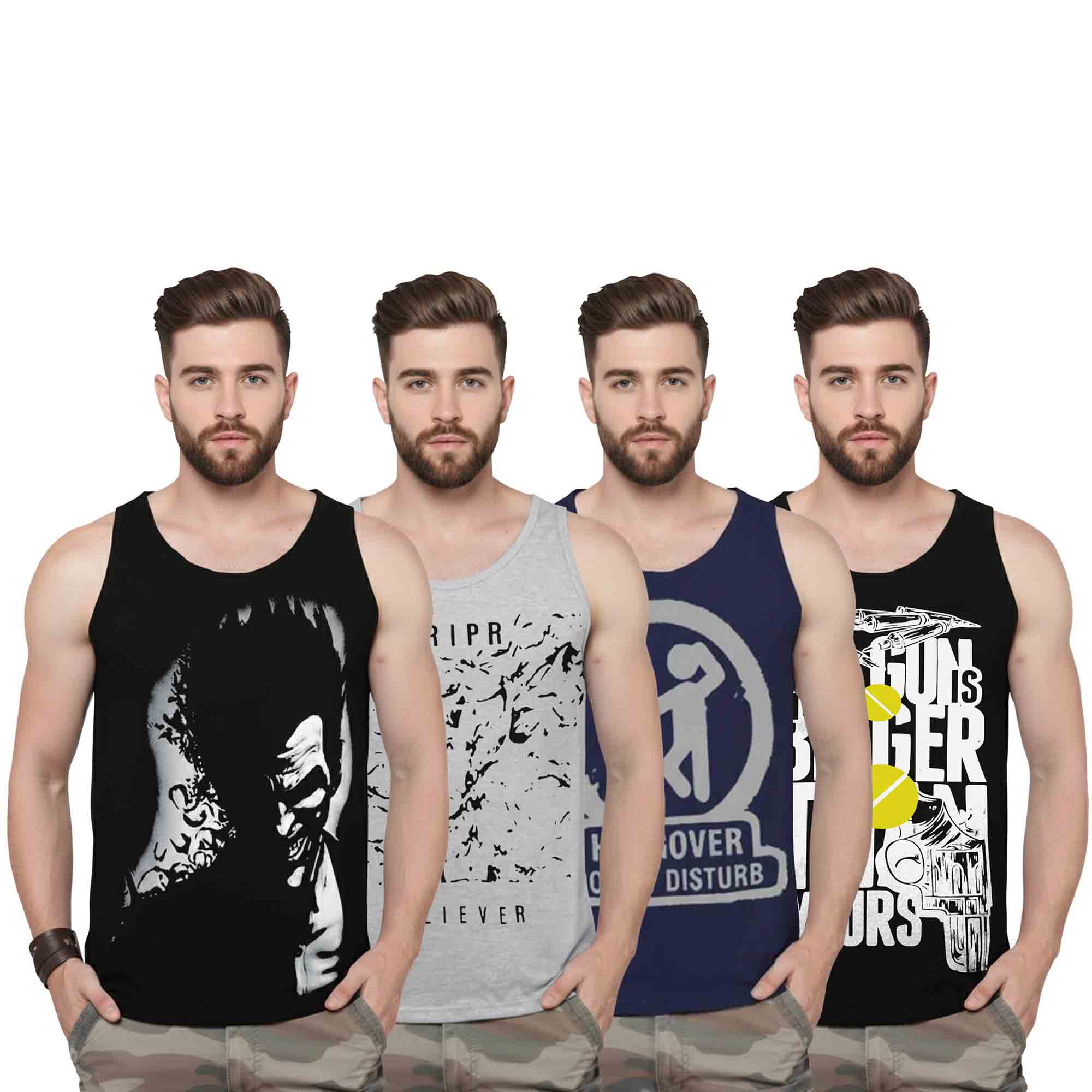 (Pack Of 4) Mens Printed Vest / Black & Grey & Navy & Black