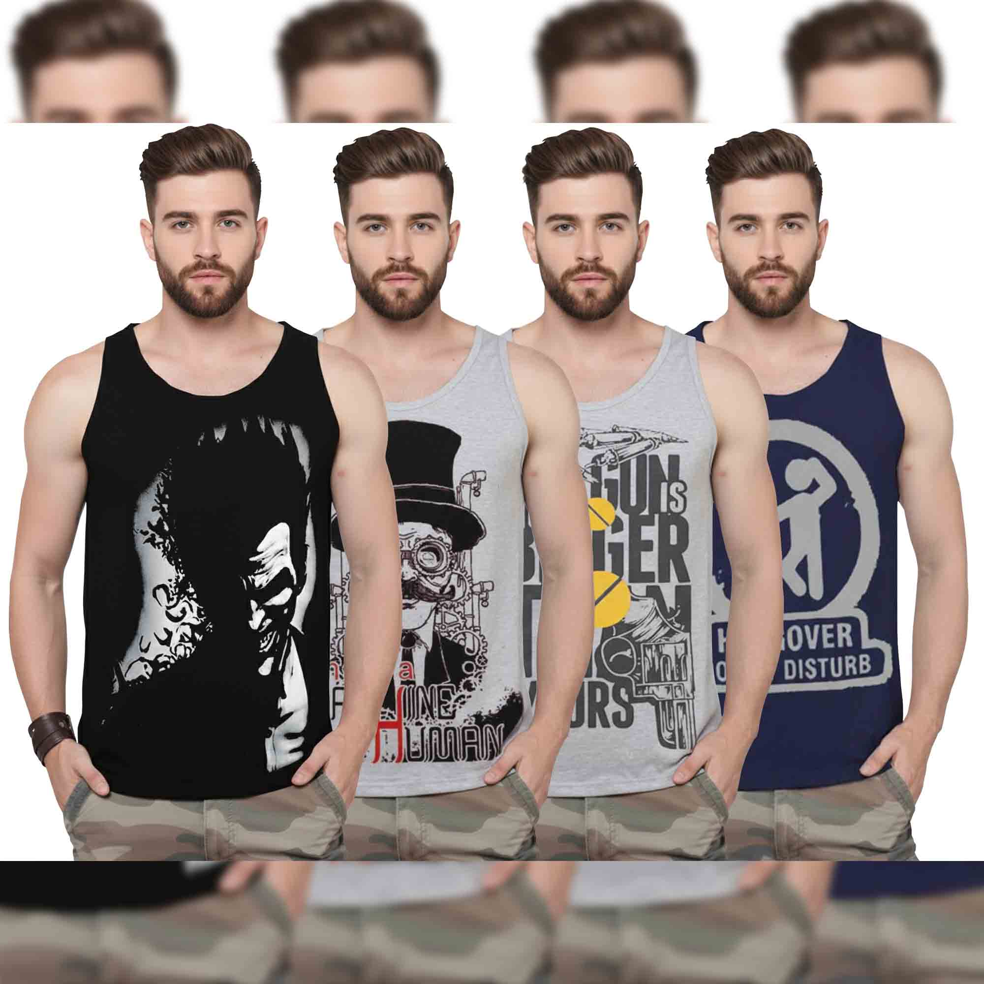 (Pack of 4) Mens Printed Sleeveless Vests / Multicolor
