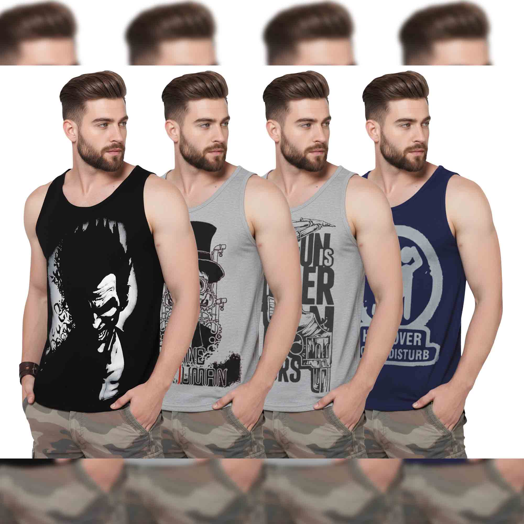 (Pack of 4) Mens Printed Sleeveless Vests / Multicolor