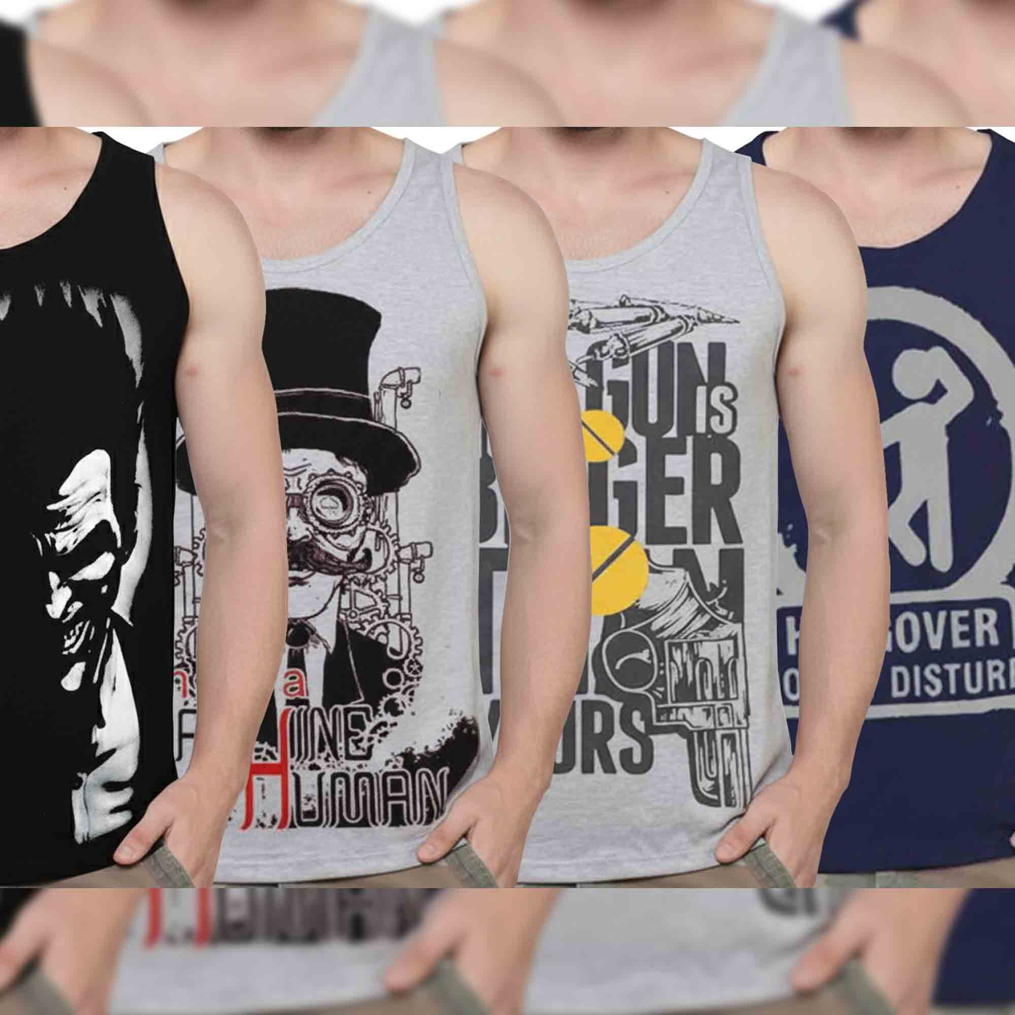 (Pack of 4) Mens Printed Sleeveless Vests / Multicolor