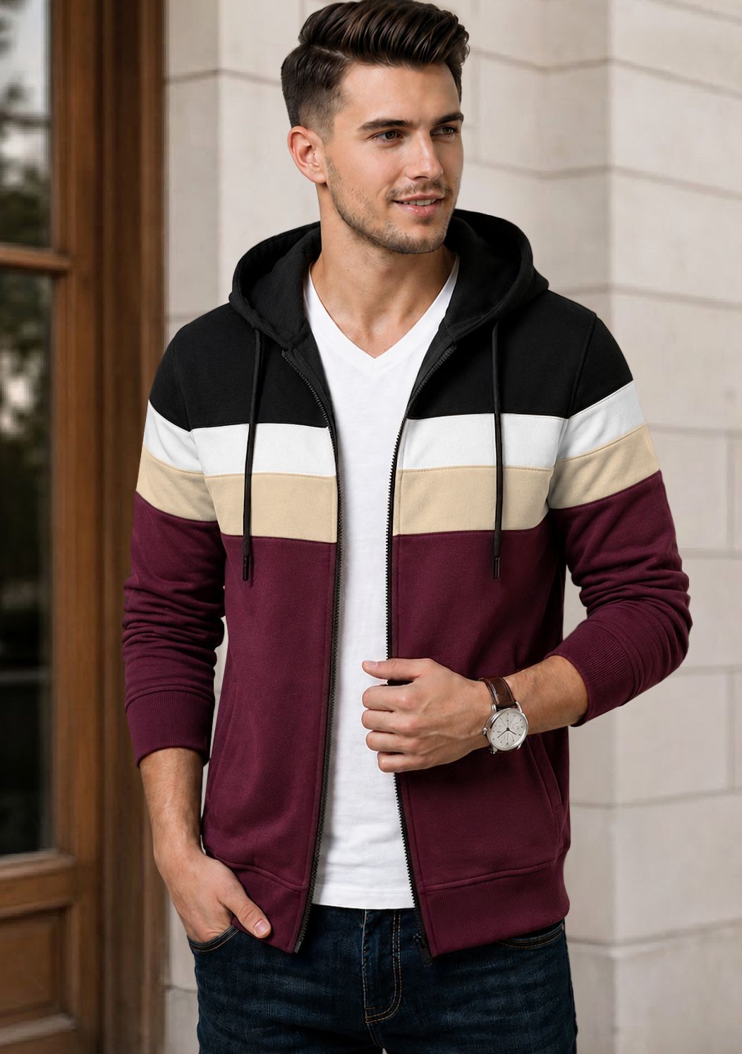 Mens Multicolor Striped Pattern Winter Hooded Jacket
