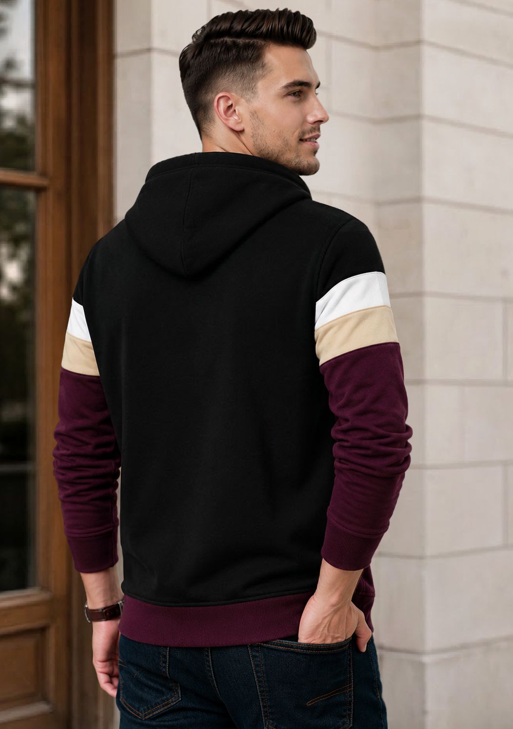 Mens Multicolor Striped Pattern Winter Hooded Jacket