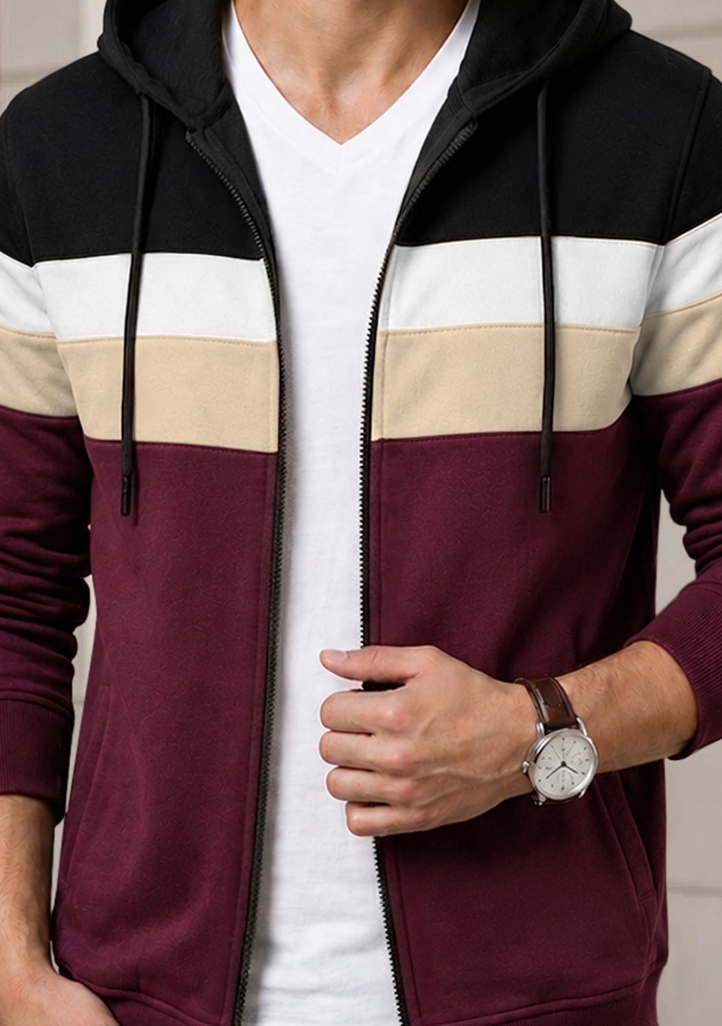 Mens Multicolor Striped Pattern Winter Hooded Jacket