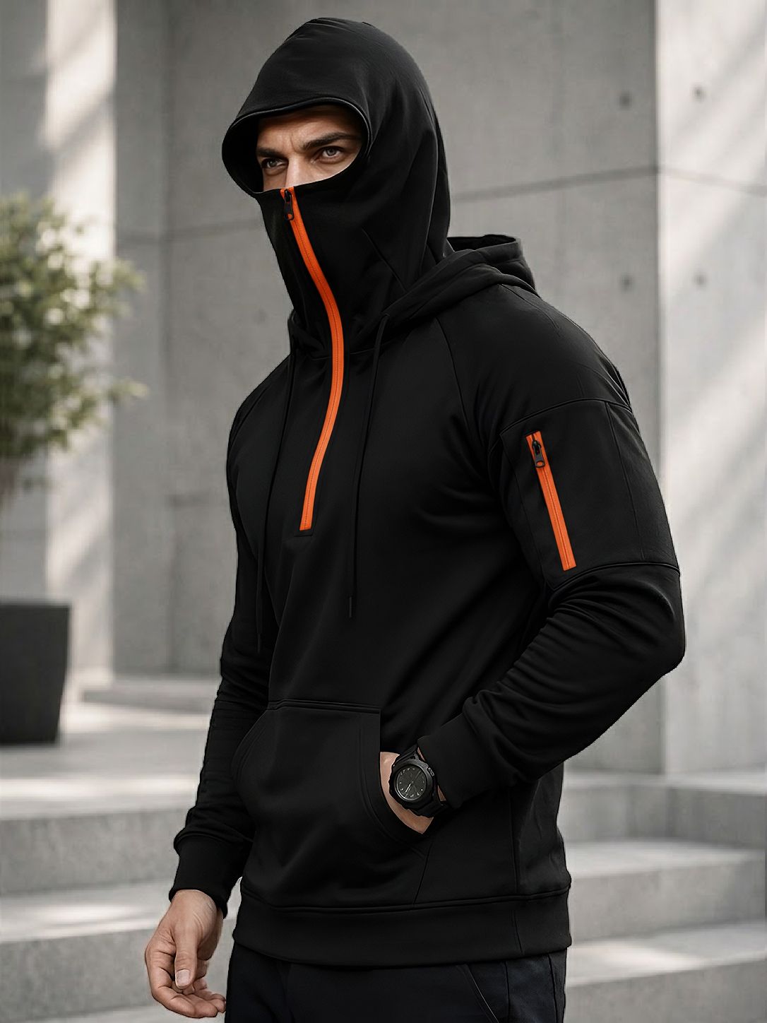 Mens Tactical Quarter-Zip Hoodie with Face Mask Sweatshirt Black