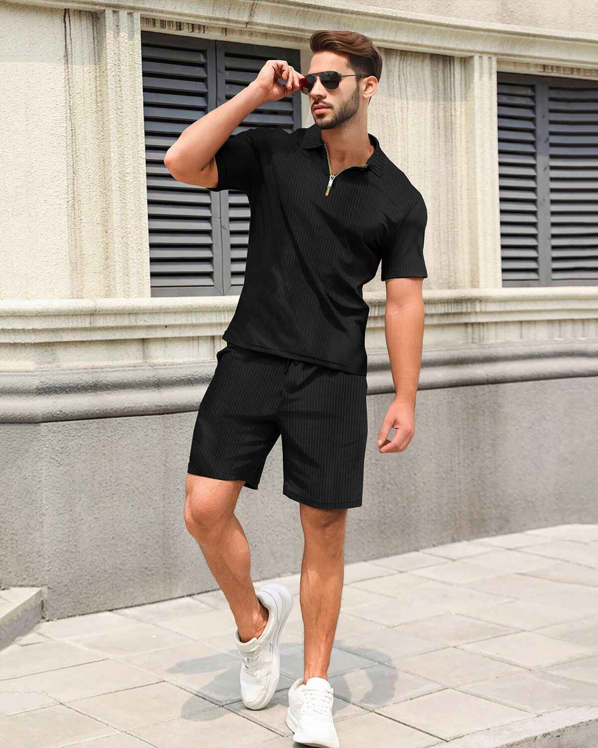 Black Half Sleeve Polo Tshirt and Shorts Outfit Sets