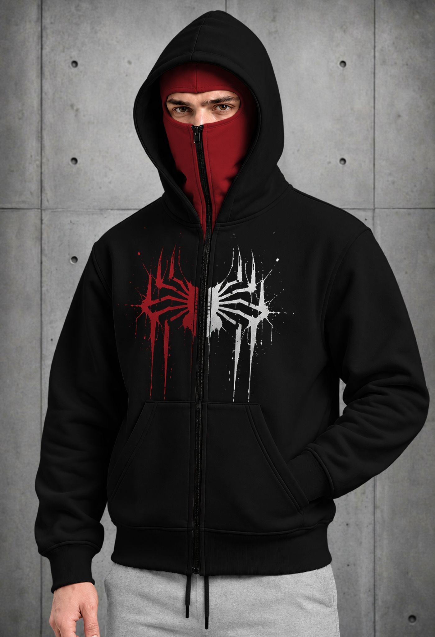 Mens Black Spyder Design Double Mask Zip-Up Winter Jacket