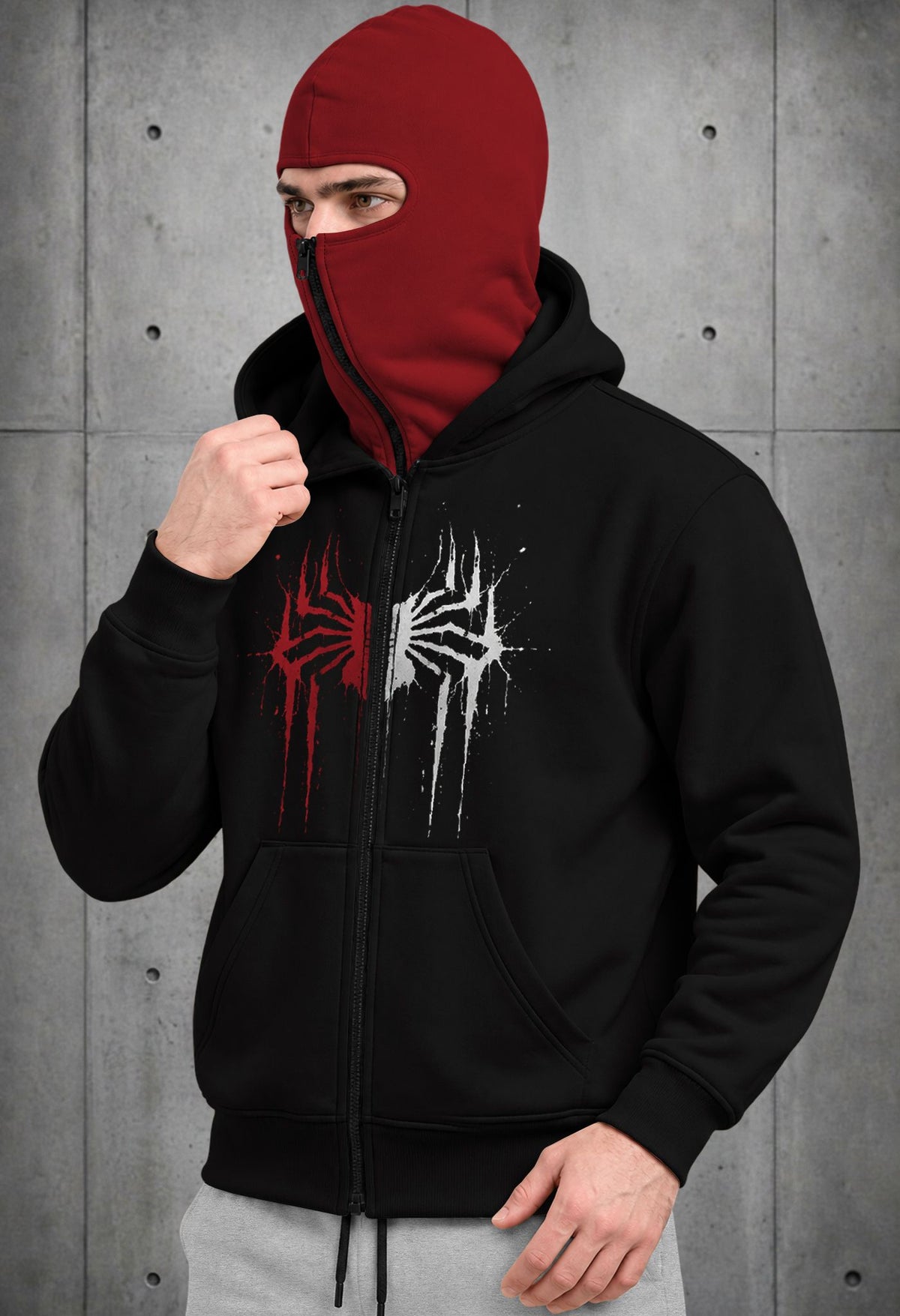 Mens Black Spyder Design Double Mask Zip-Up Winter Jacket