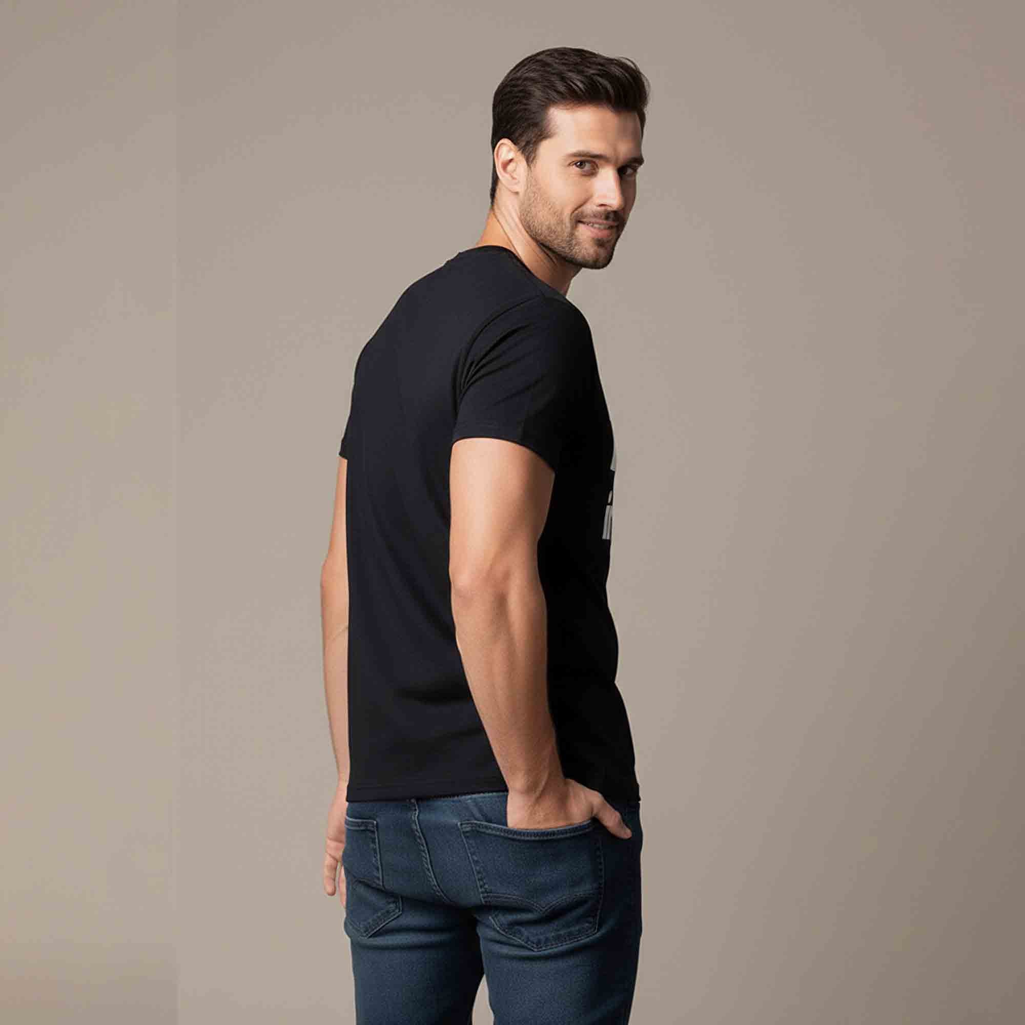 Mens Half Round Neck Printed Tshirt Black