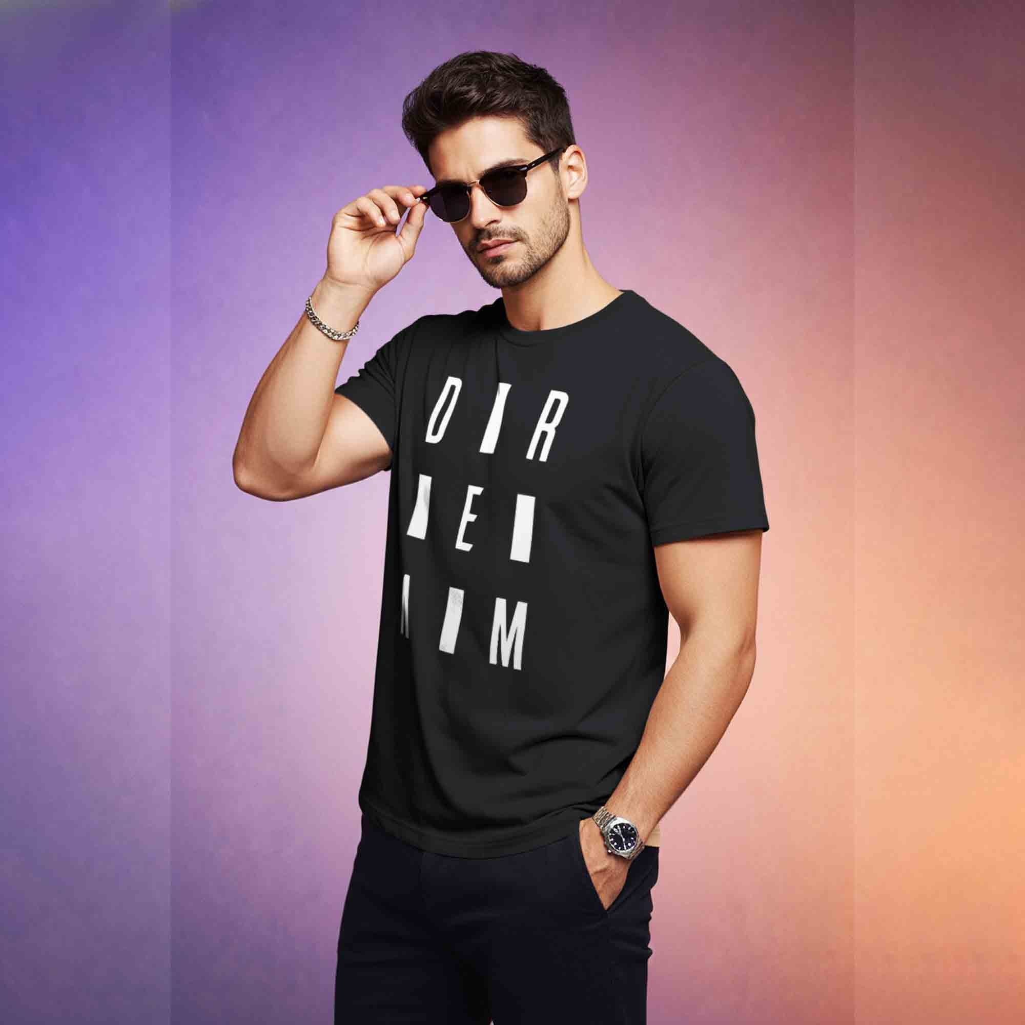 Mens Half Round Neck DREAM Printed Tshirt Black