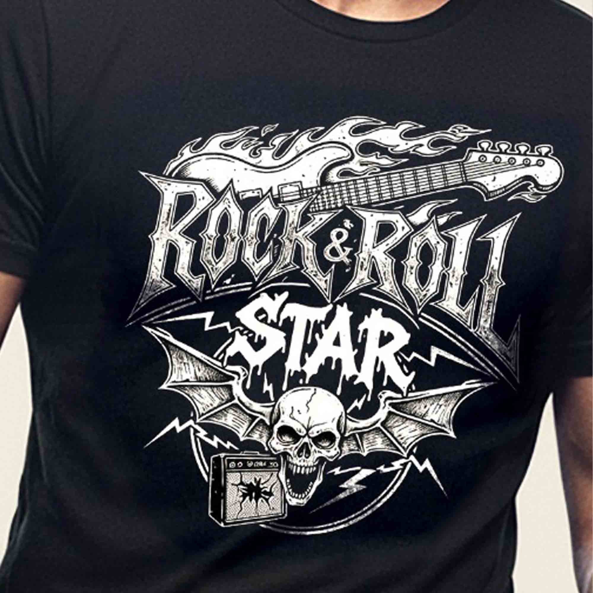 Mens Half Round Neck ROCK STAR Printed Tshirt Black