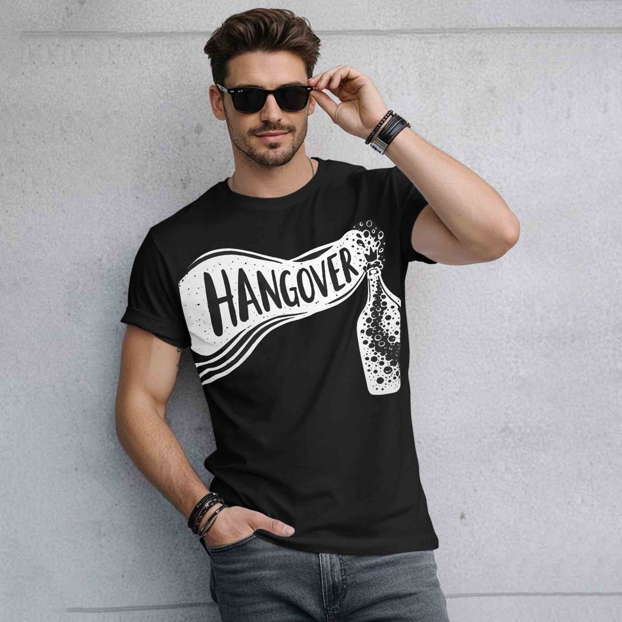Mens Half Round Neck HANGOVER Printed Tshirt Black