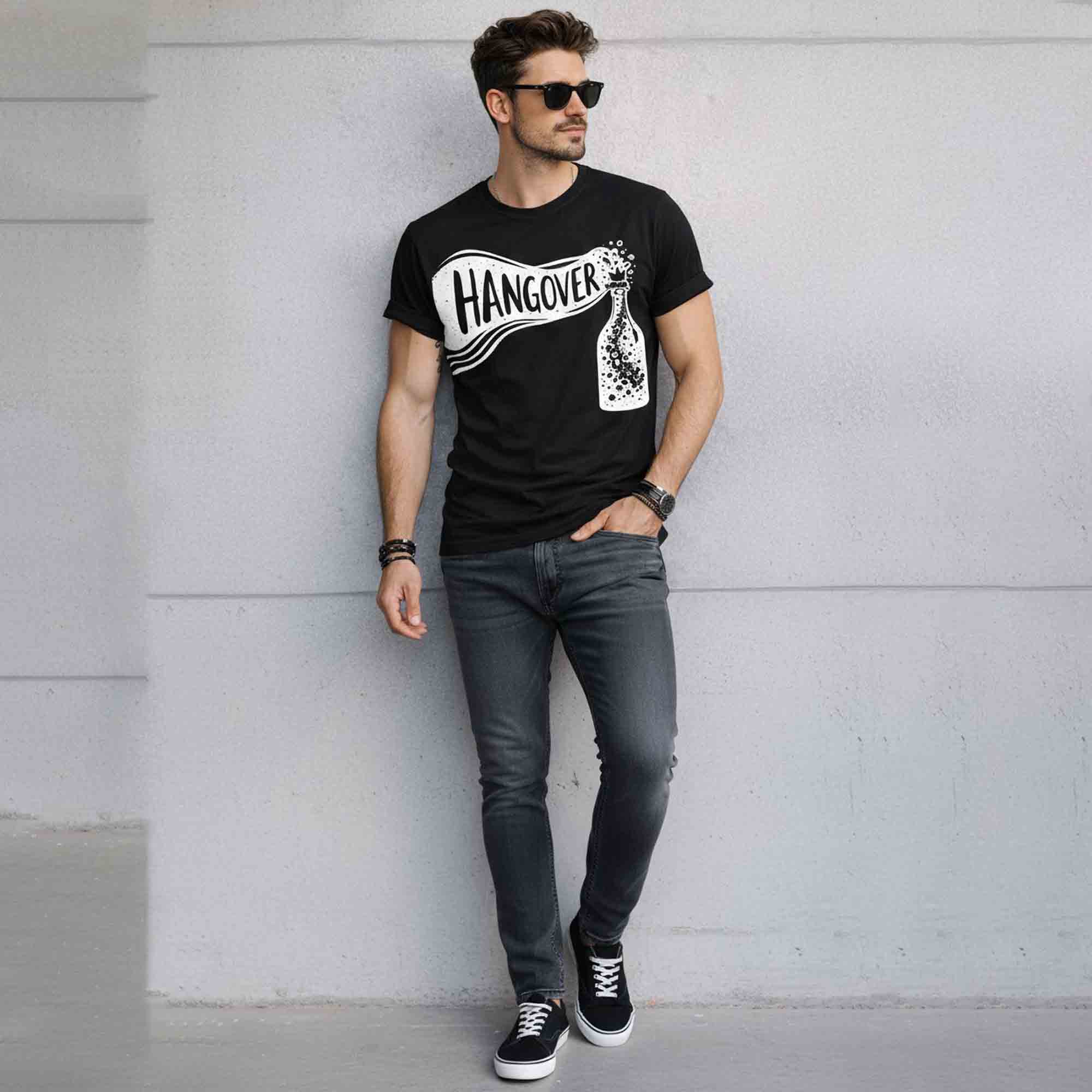 Mens Half Round Neck HANGOVER Printed Tshirt Black