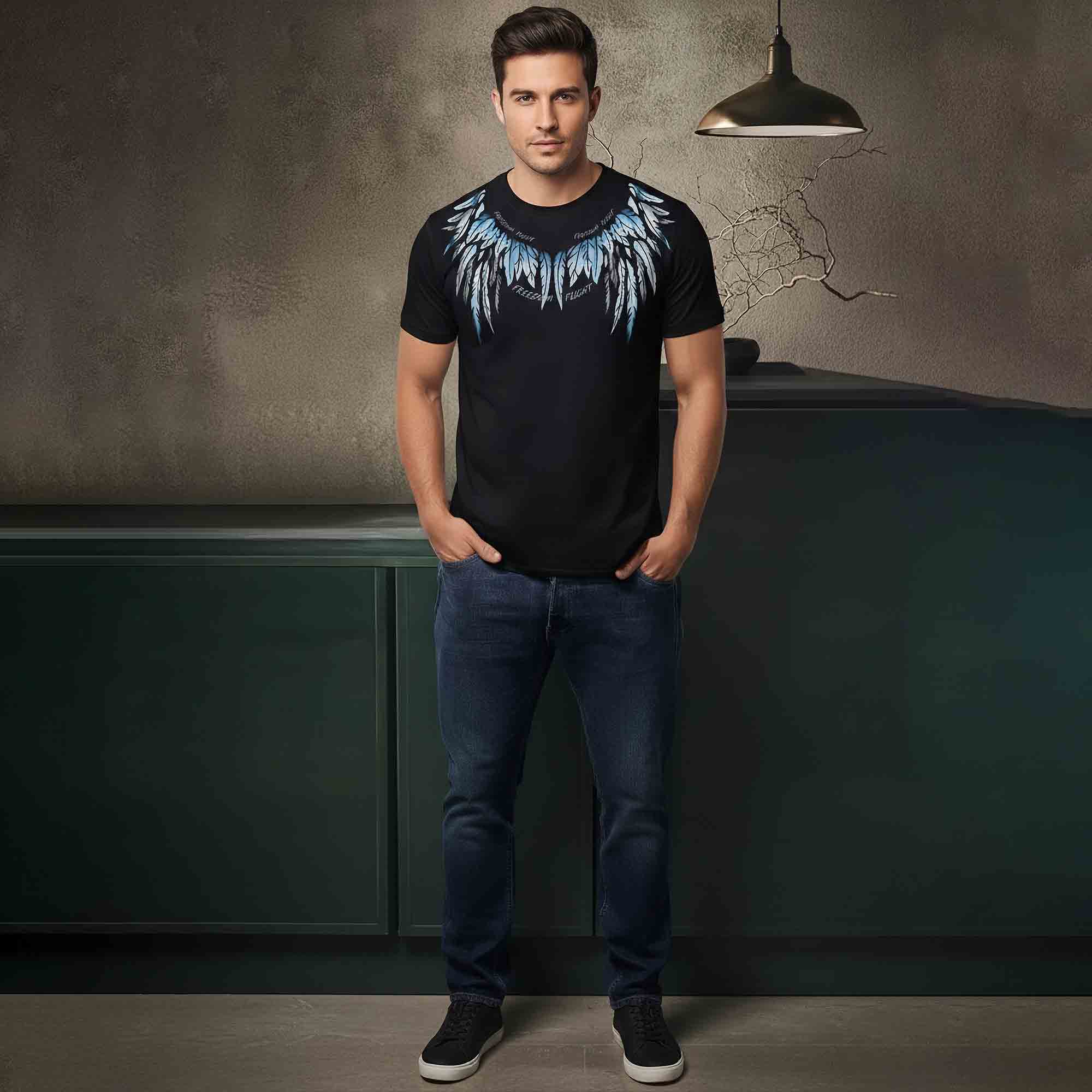 Men Half Sleeve Design Printed Tshirt Black