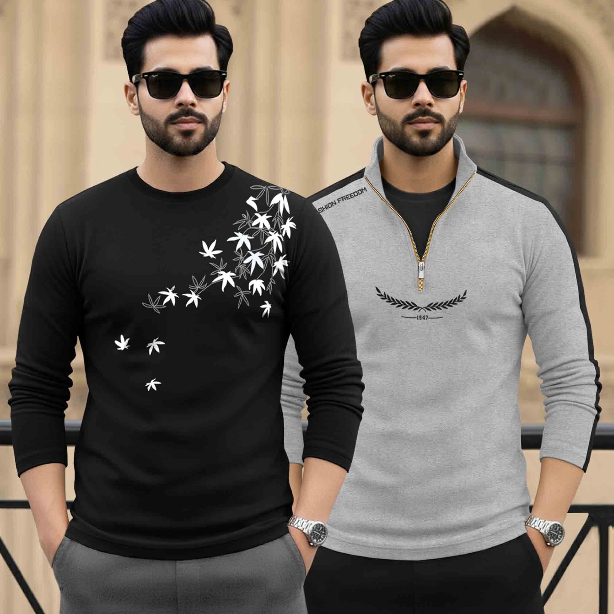 (Pack Of 2) Full Sleeve Printed T-shirts Black & Grey