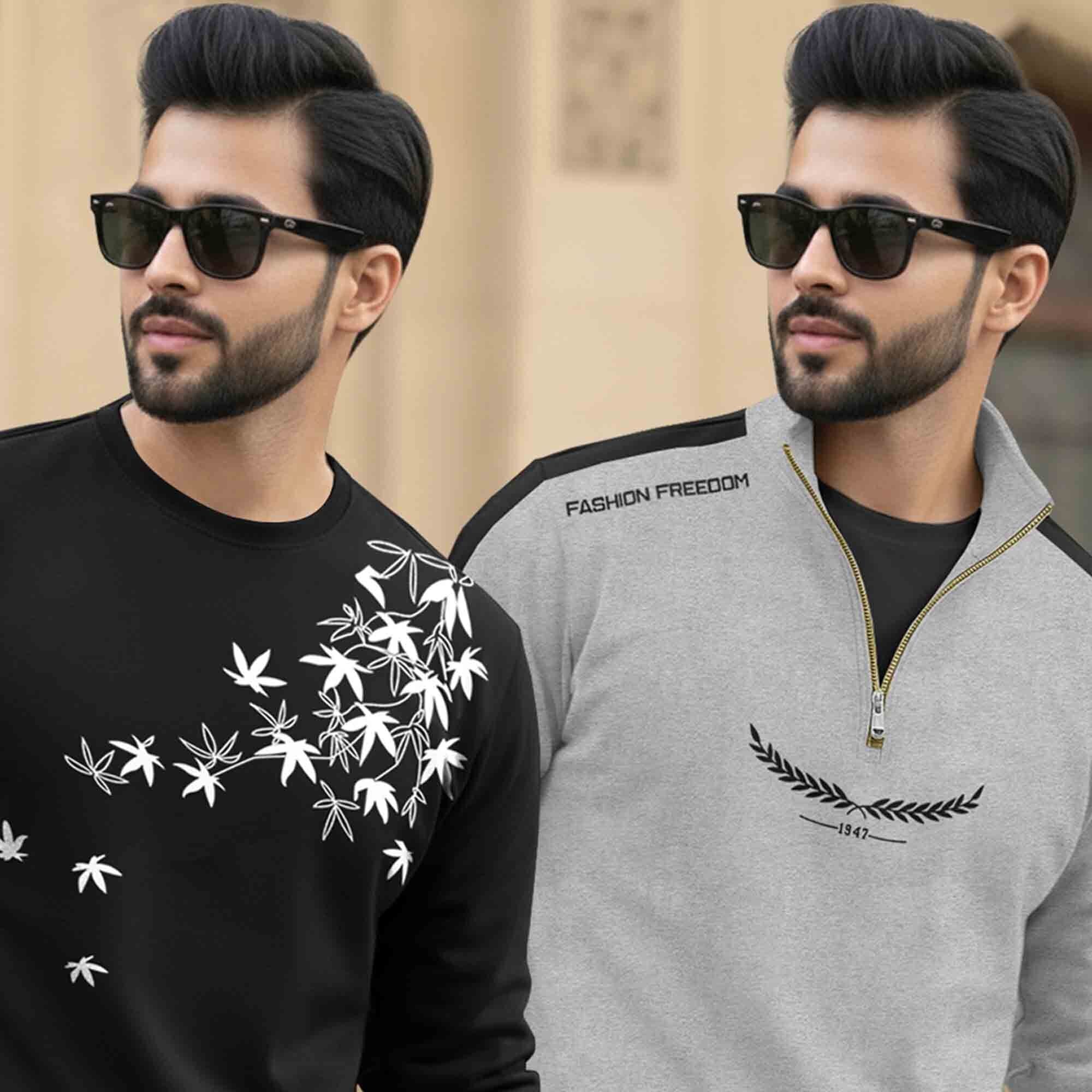 (Pack Of 2) Full Sleeve Printed T-shirts Black & Grey