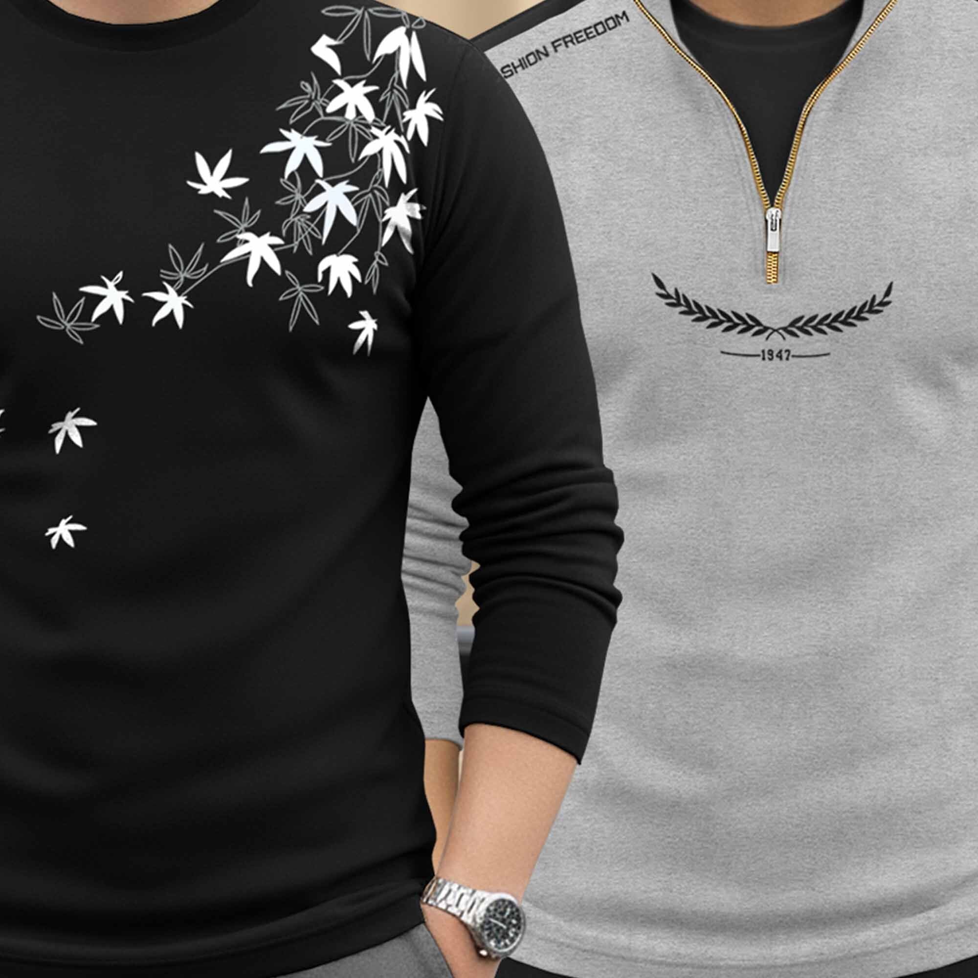 (Pack Of 2) Full Sleeve Printed T-shirts Black & Grey