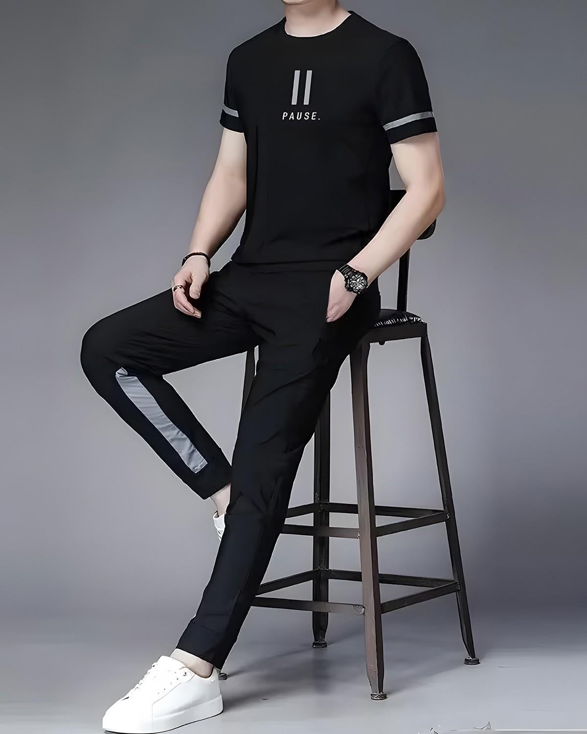 Tracksuit For Men Printed Half T-shirt & Black Printed Trackpant