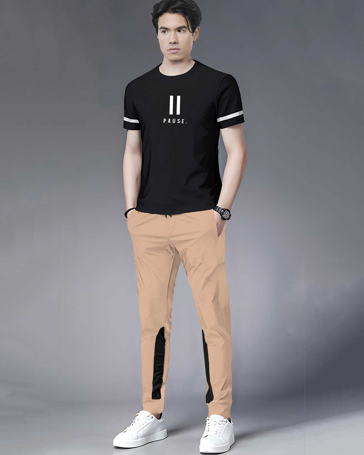 Half Sleeve Black Printed T-shirt with Beige Colorblocked Trackpant Tracksuit