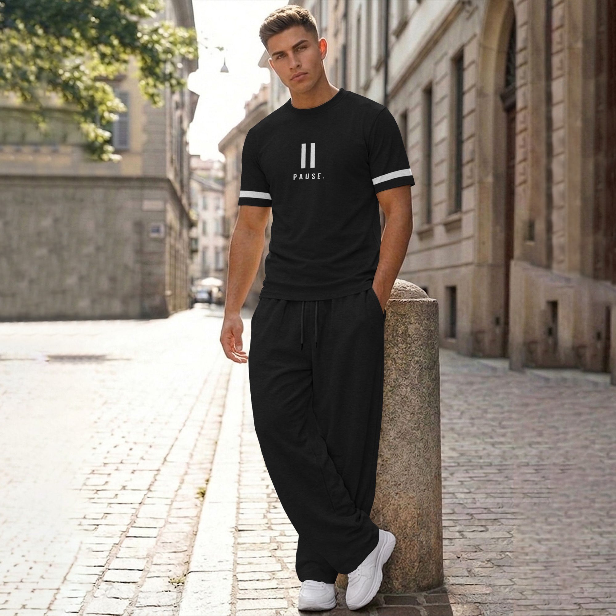 Men Tracksuit Round Neck Printed Tshirts Loose Fit Plain Trackpants