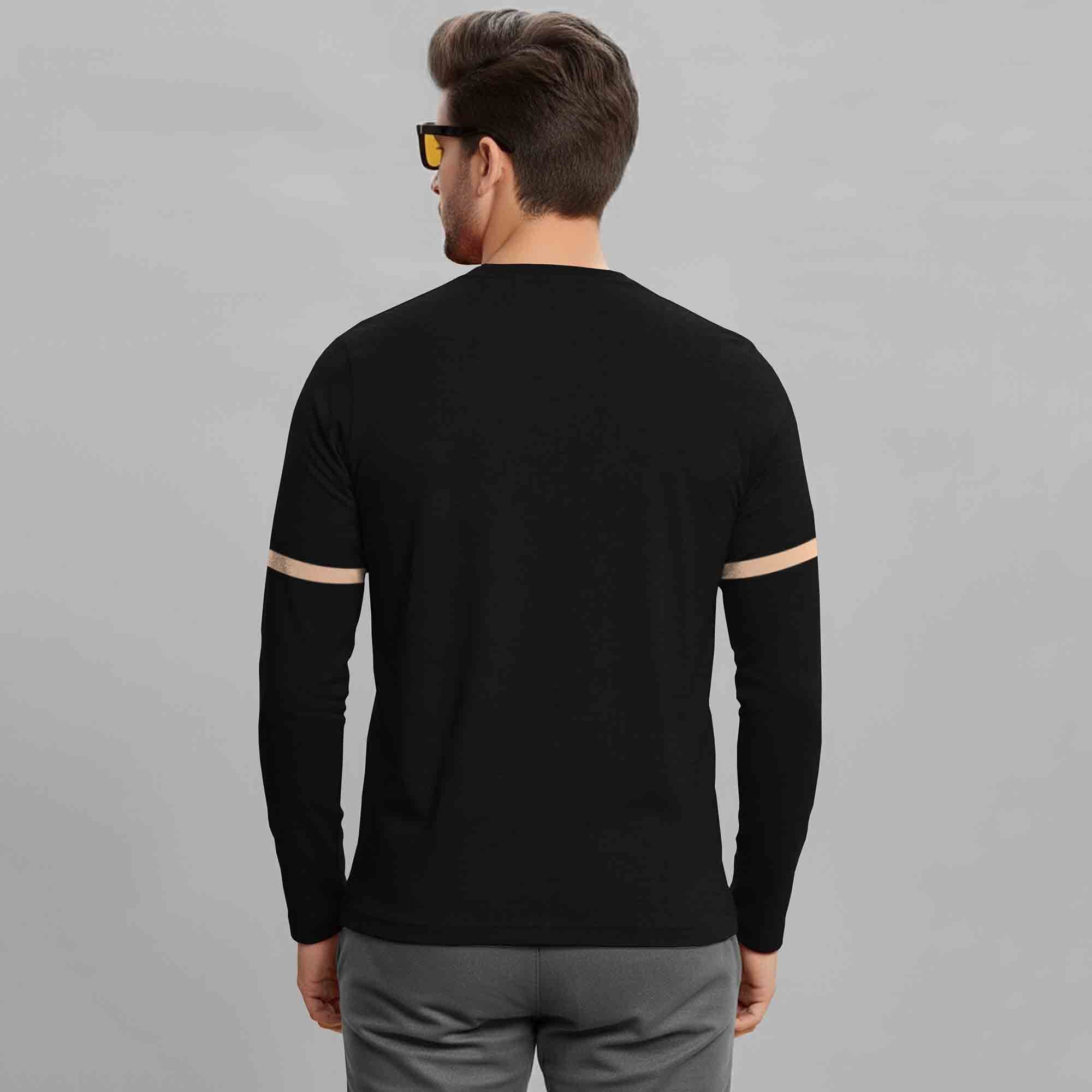 Black Printed Full Sleeve Round Neck Cotton Blend T-Shirt