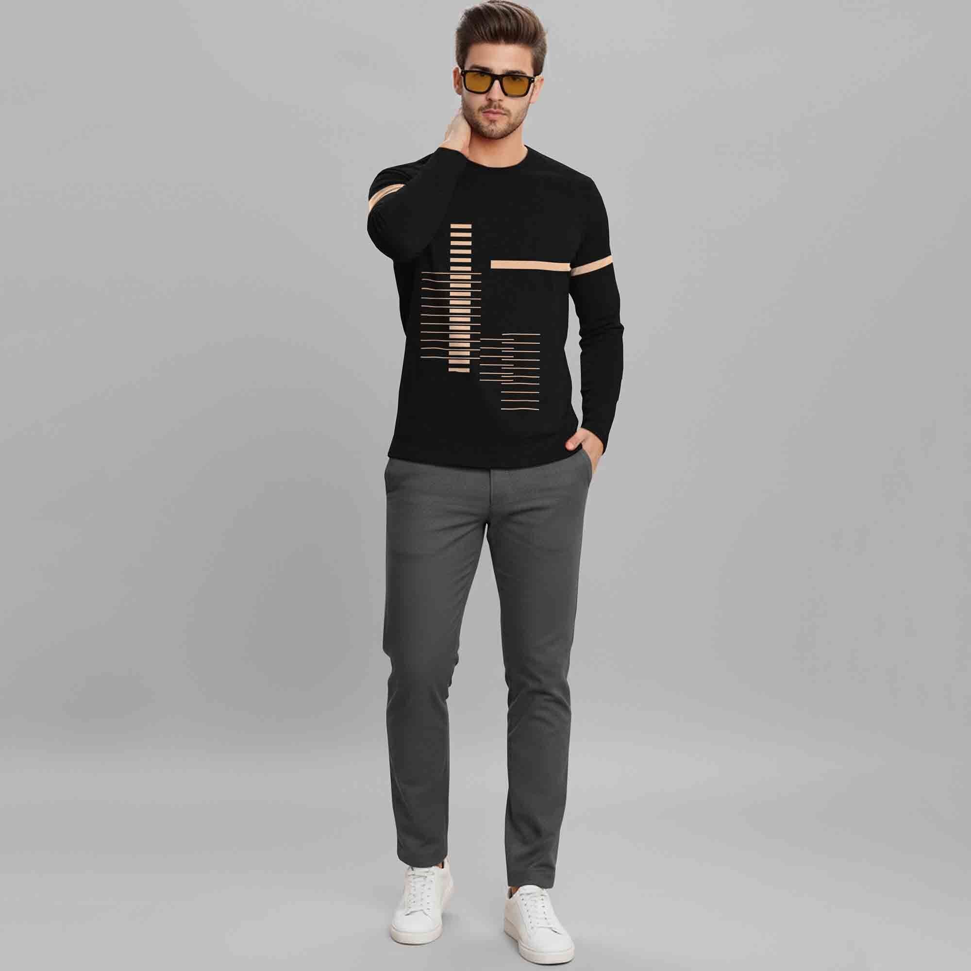 Black Printed Full Sleeve Round Neck Cotton Blend T-Shirt