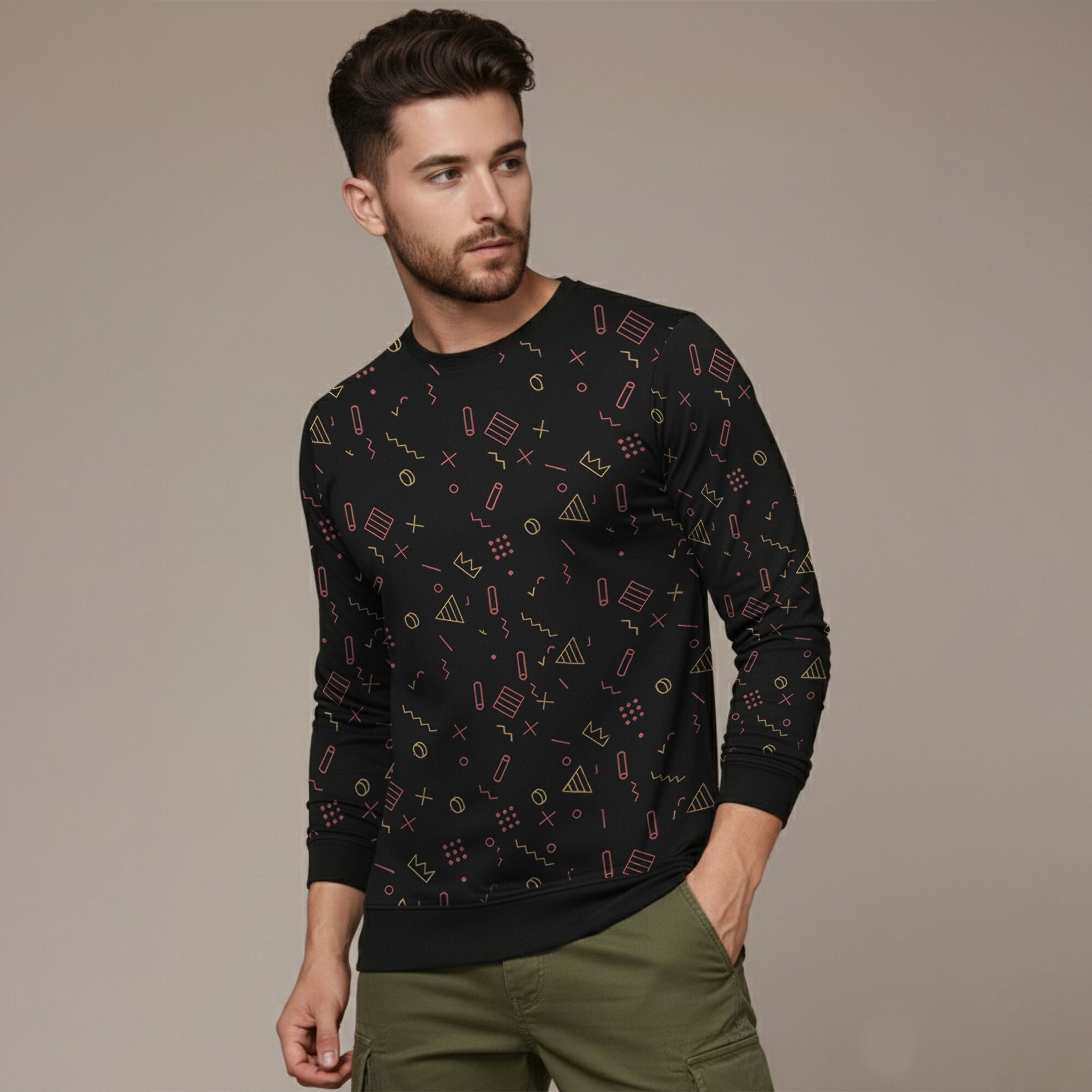 Men Round Neck Printed Full Sleeve Cotton Blend Tshirt Black