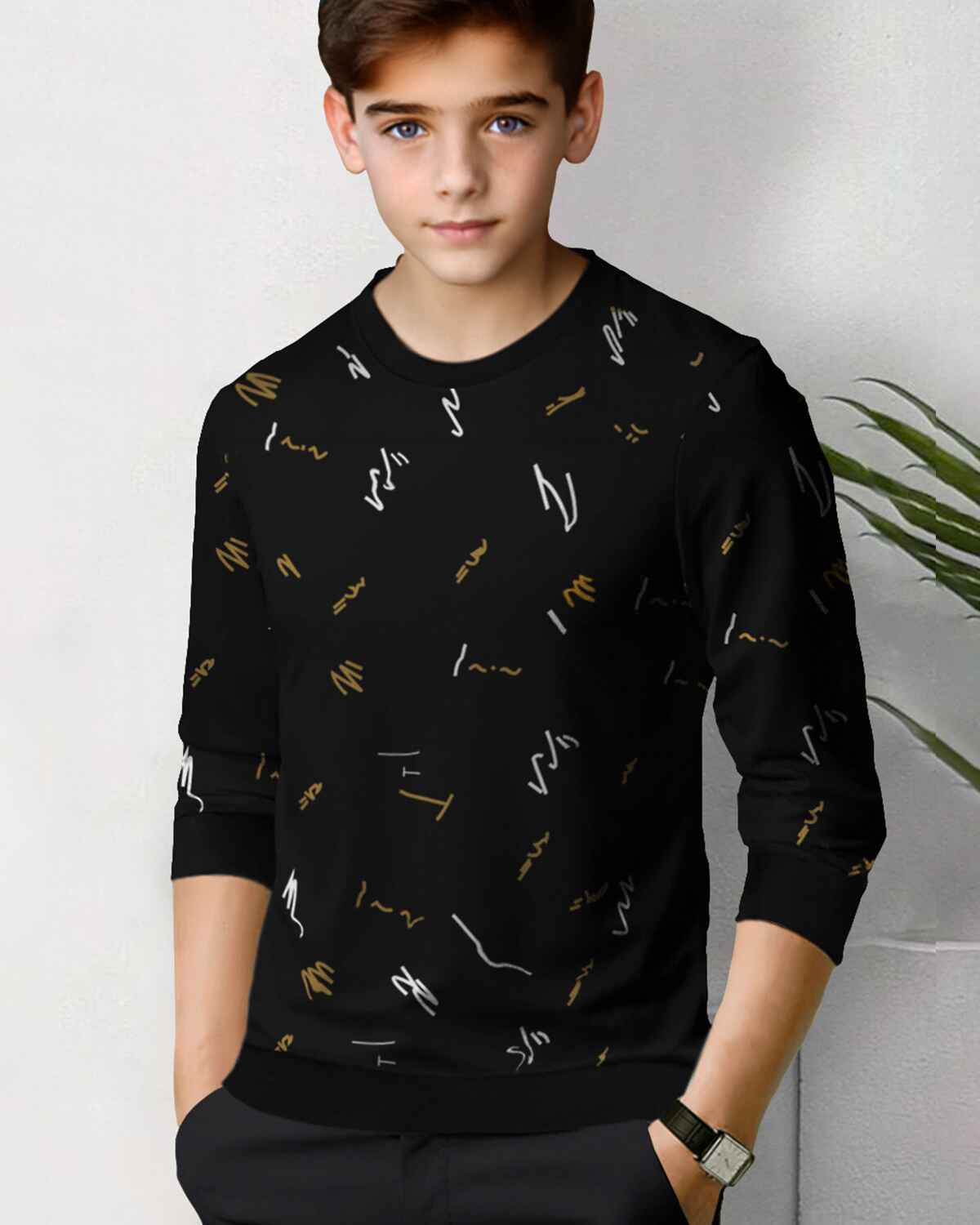 Boys Full Sleeve All Over Black Printed T-shirt
