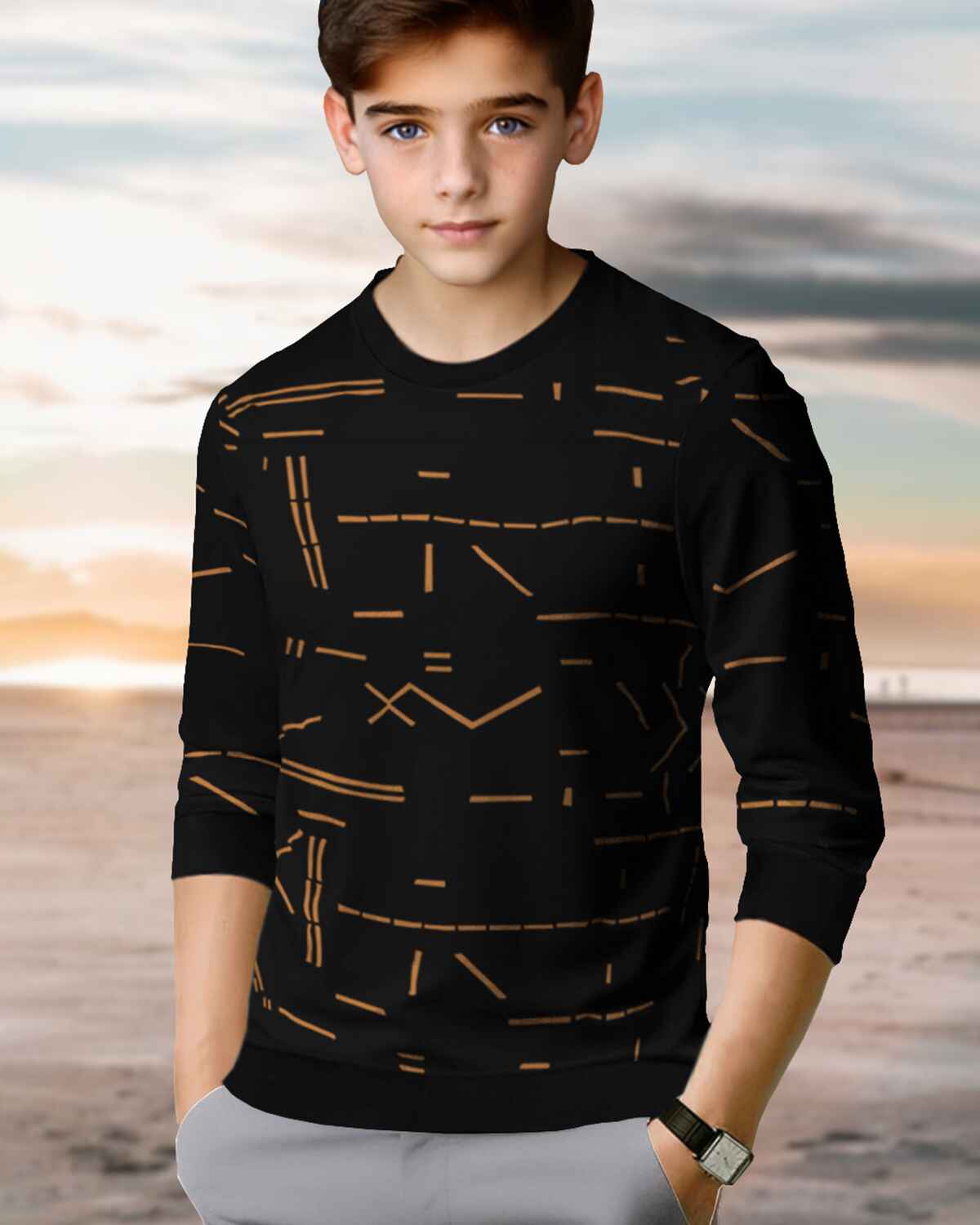 Boys Full Sleeve Black Printed T-shirt